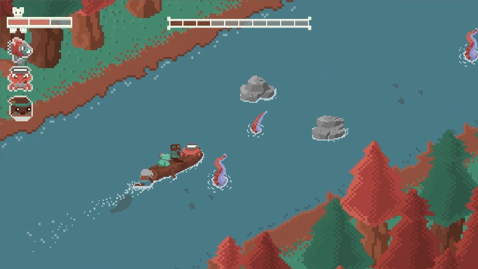 River Runners: Log raft dodges rocks and eels on a wide river, with health bars and crew icons UI.