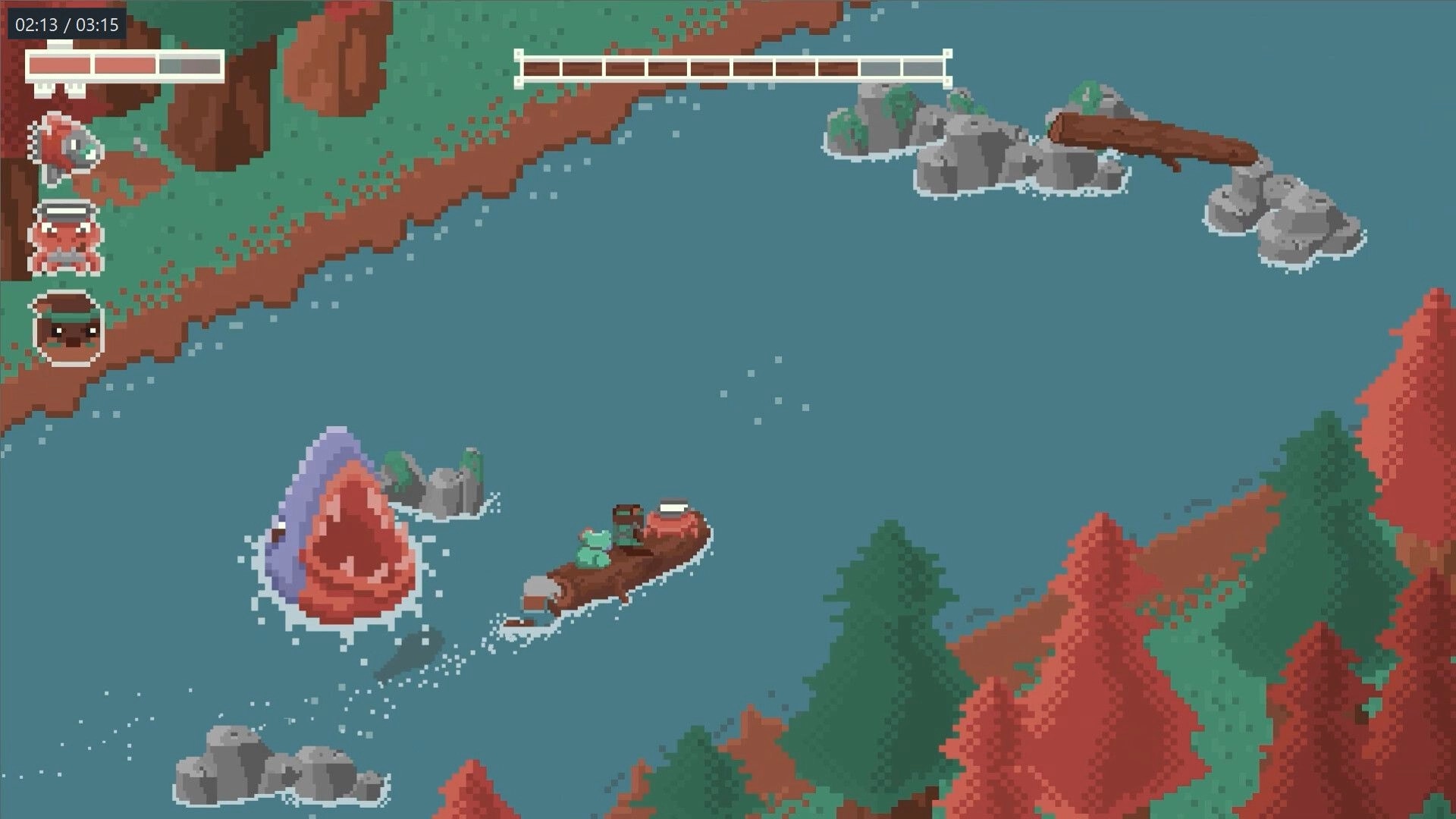 River Runners: Log raft dodges a huge snapping fish in a wide river with rocky forested banks UI bars.