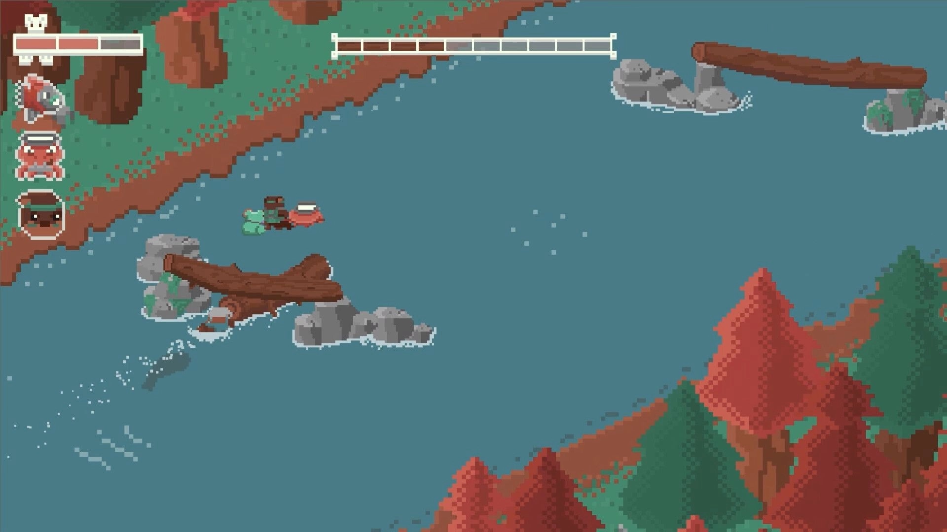 River Runners: Log raft with animals dodges rocks and timber on a wide river, UI bars on top left.