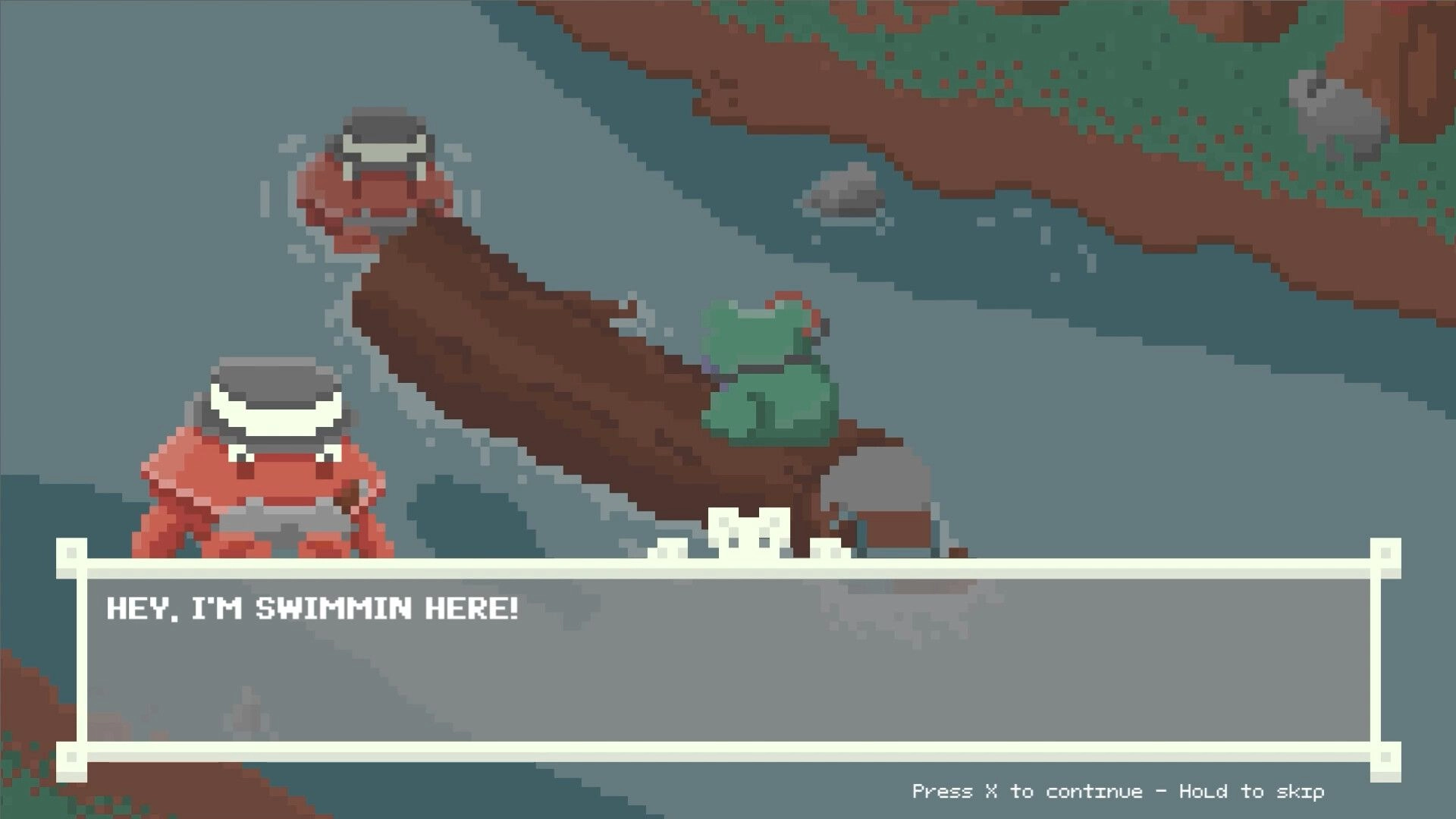 River Runners: Log raft with animals drifts past swimmer NPC and dialogue box on pixel river bend.