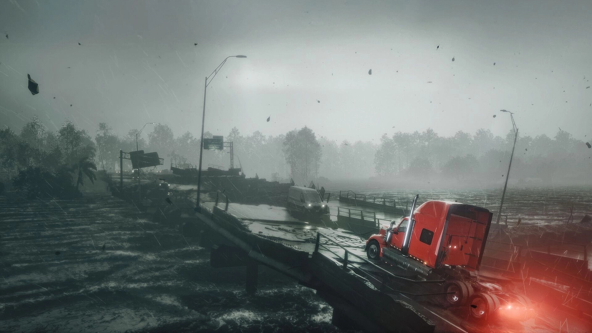Road Kings: Red semi truck stalled on a flooded, broken bridge in heavy rain and storm debris.