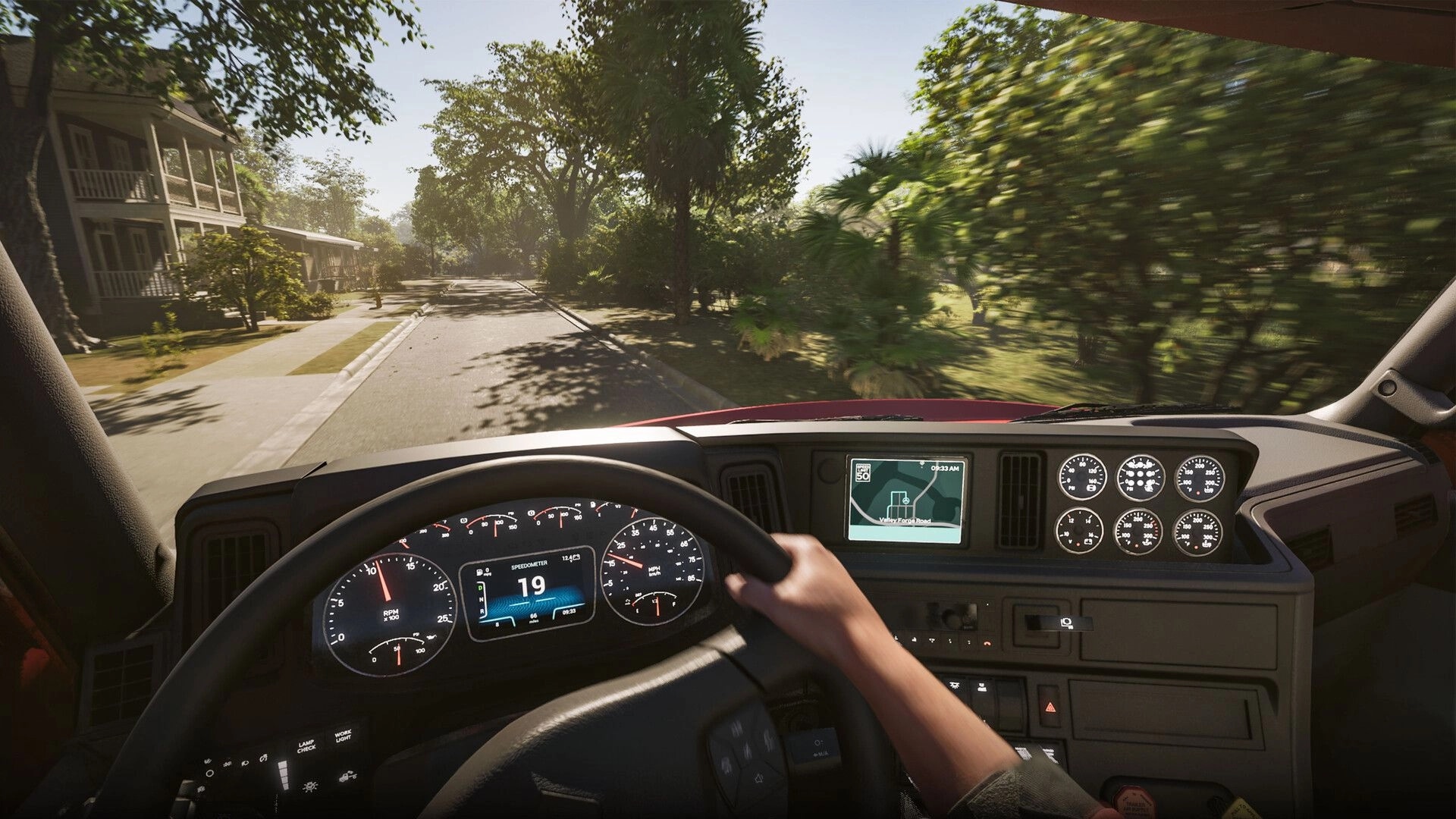 Road Kings: First-person driving with speedometer at 19 and GPS map on a sunny tree-lined street.