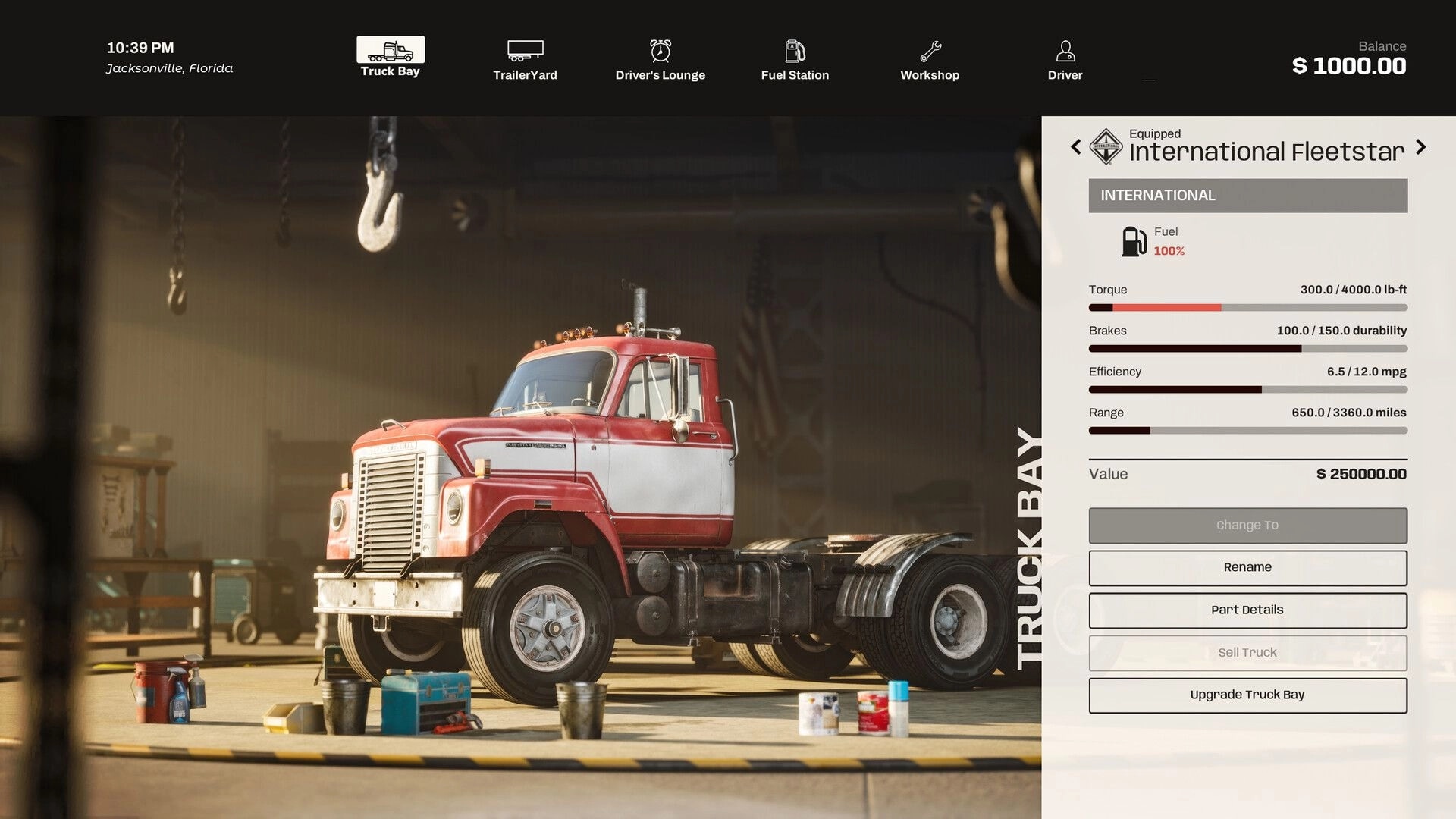Road Kings: Truck Bay menu inspecting an International Fleetstar in a garage with stats panel and balance.