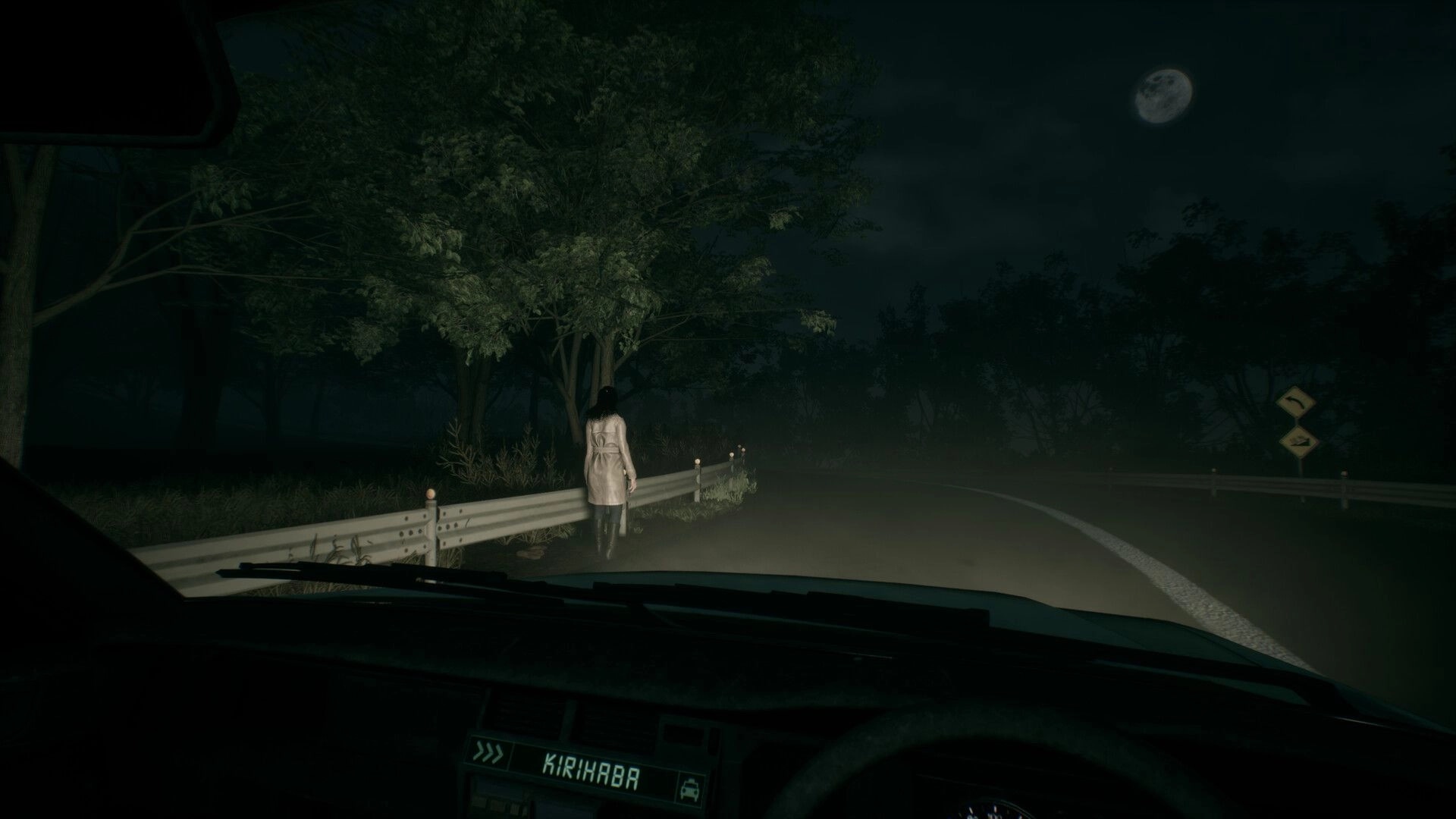 Road to Jukai: Taxi view approaching a lone woman on a foggy forest road under moonlight.