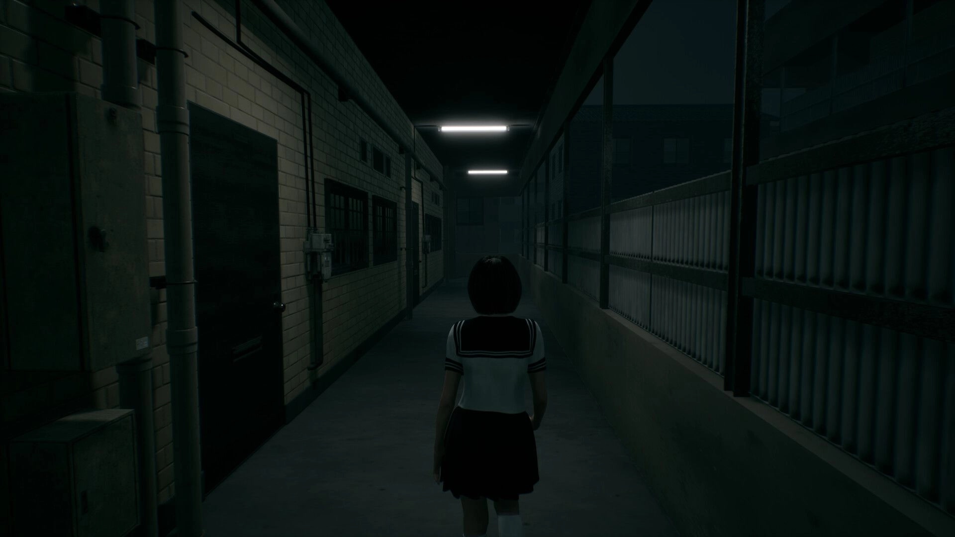 Road to Jukai: Schoolgirl walks down a dim hallway past doors and pipes under flickering lights at night.