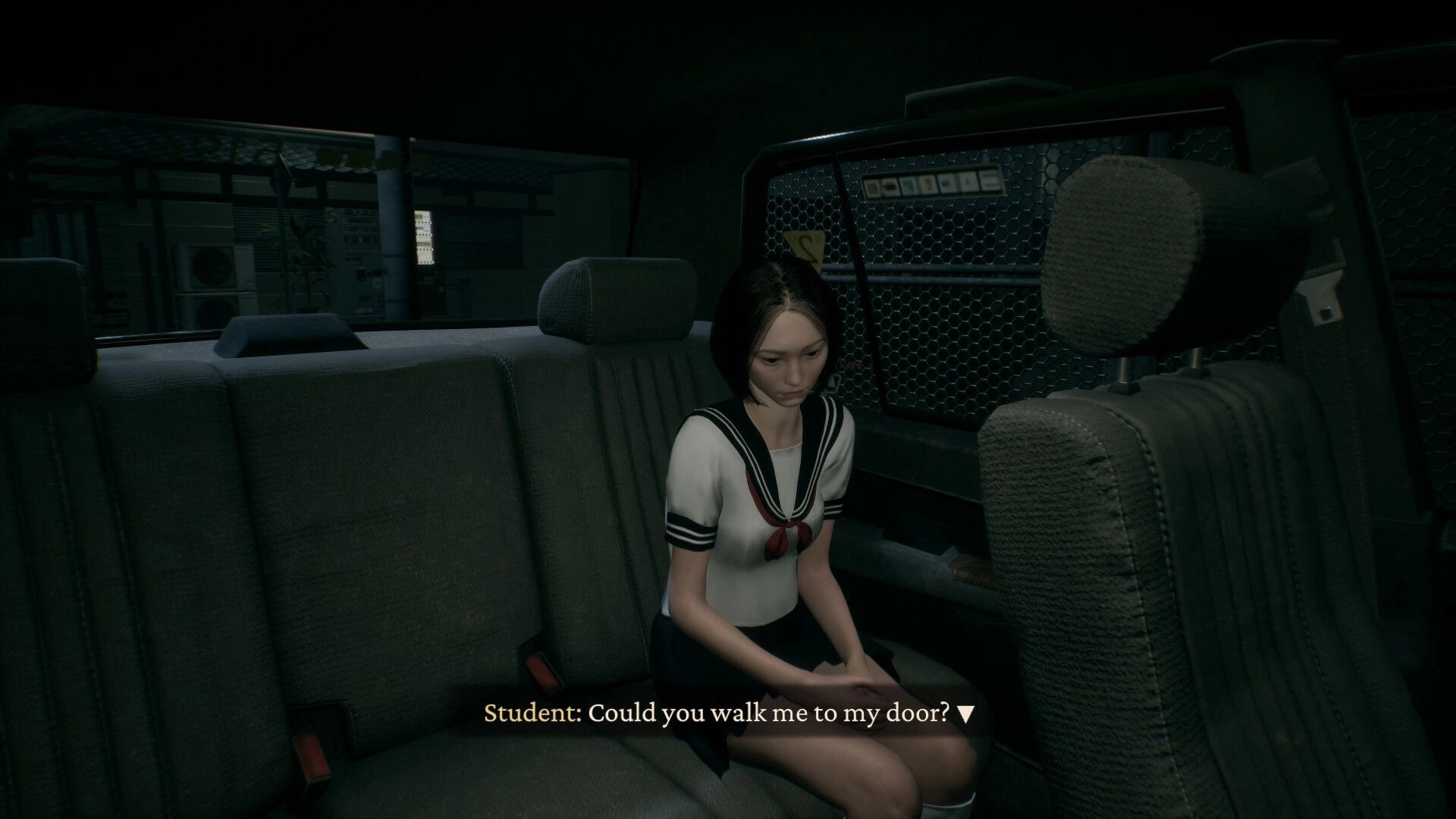 Road to Jukai: Student passenger asks to be walked to her door inside taxi backseat at night stop.