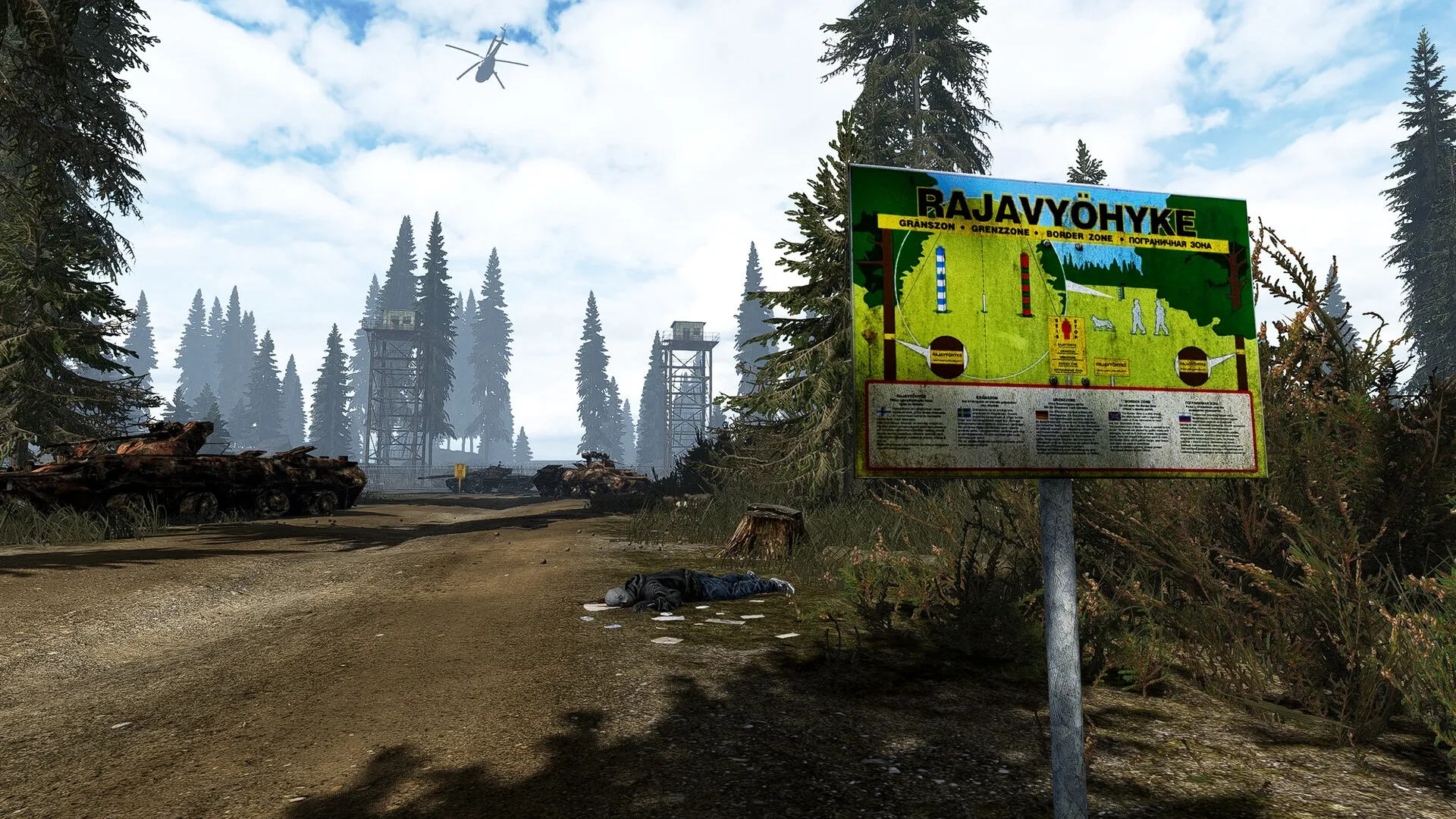 Road to Vostok: Abandoned military zone with watchtowers and a warning sign in a dense forest setting.