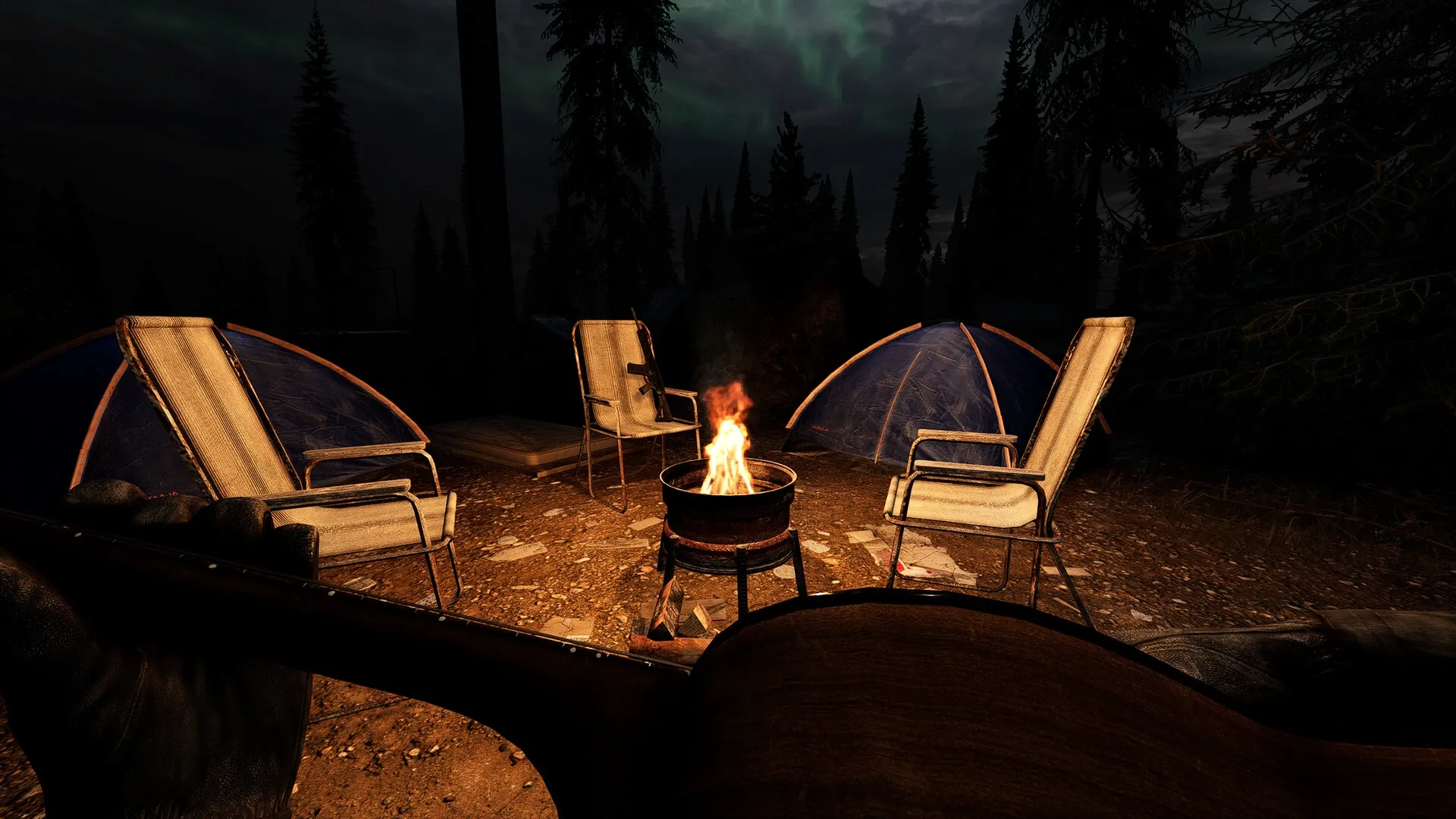 Road to Vostok: Player holding guitar by campfire surrounded by tents and chairs in forest setting