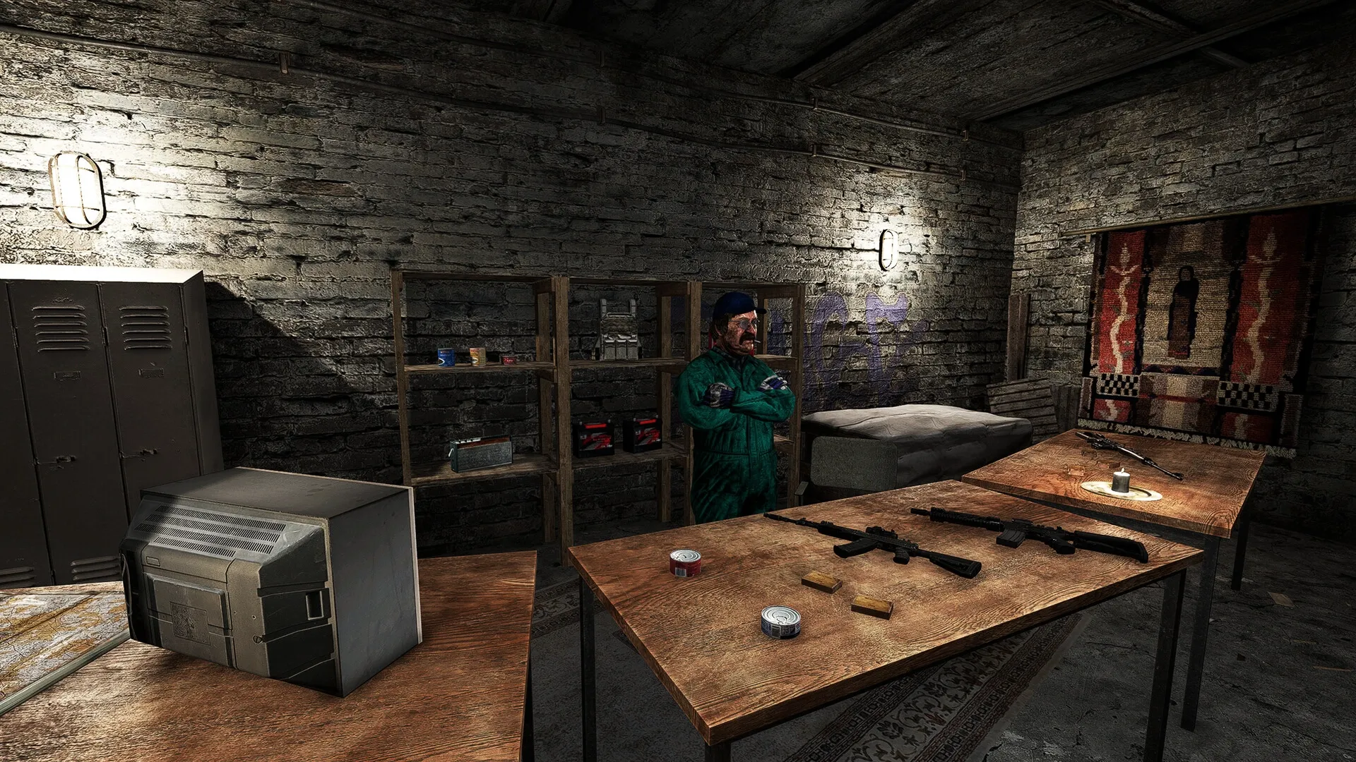 Road to Vostok: Trader in dimly lit bunker with weapons and supplies on wooden tables