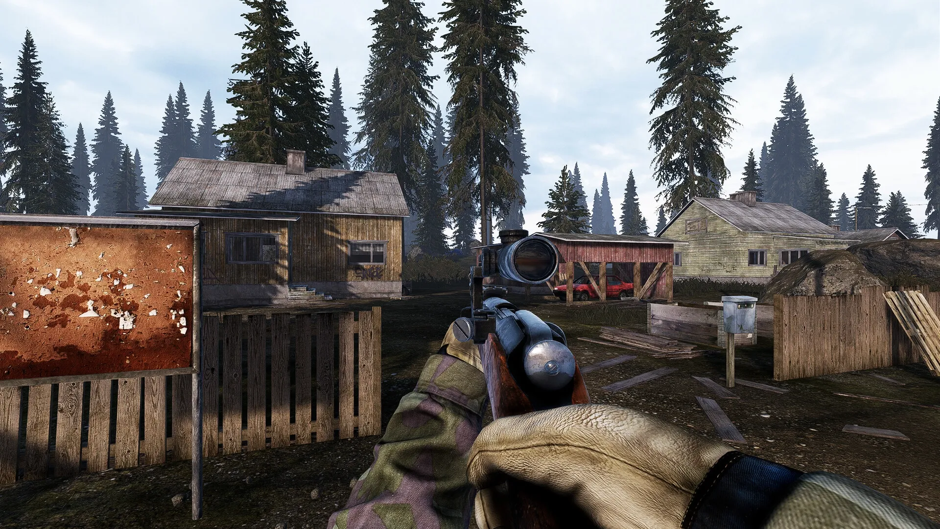 Road to Vostok: First-person view aiming rifle in abandoned village with wooden cabins and tall trees