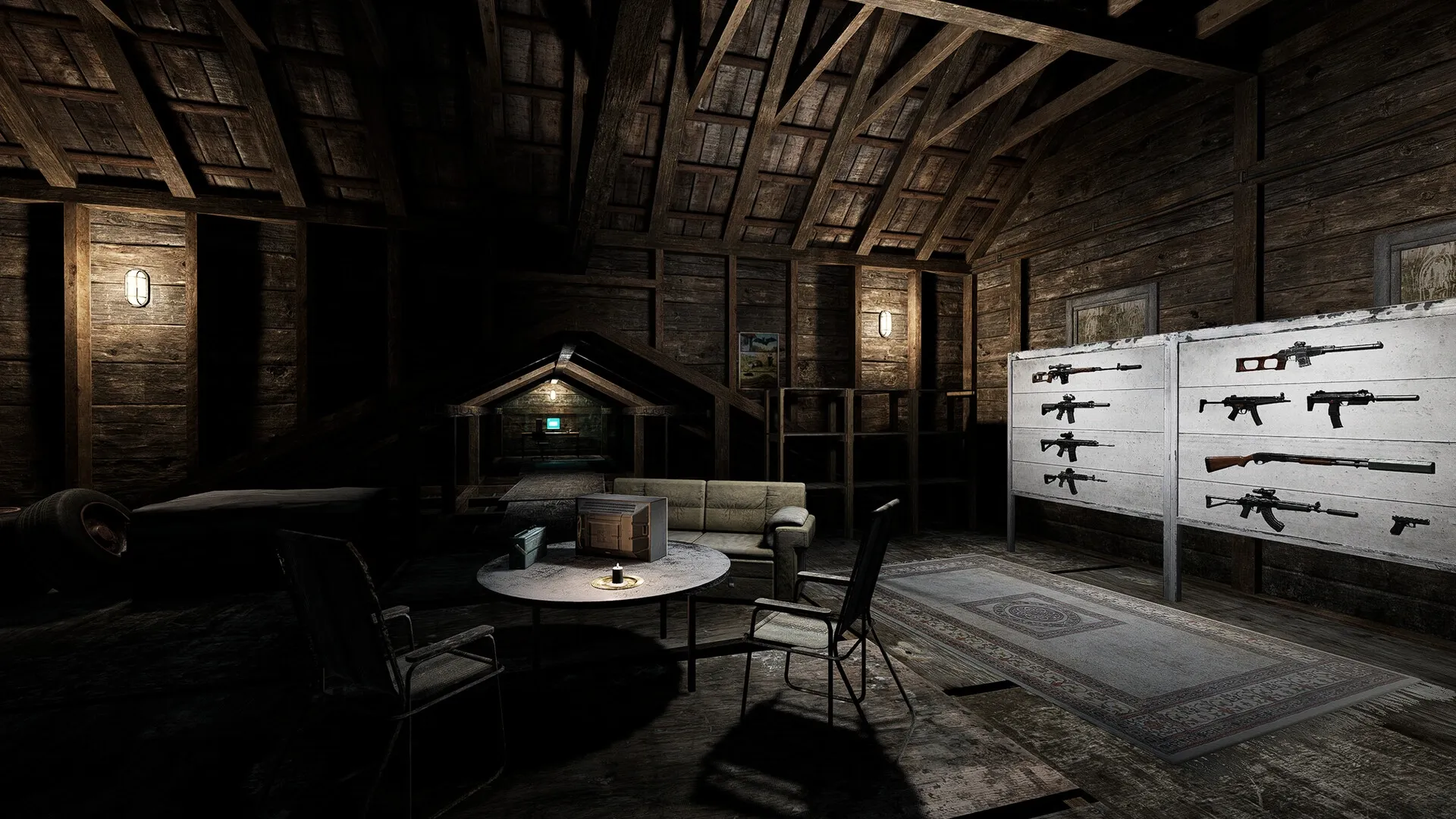 Road to Vostok: Weapon display and cozy interior with couch and table in a dimly lit wooden attic