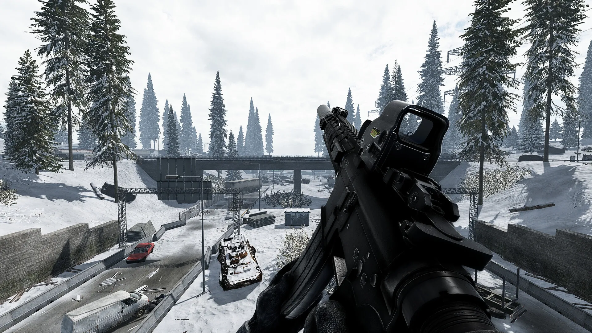 Road to Vostok: First-person view of rifle aiming over snowy road with abandoned vehicles and bridge