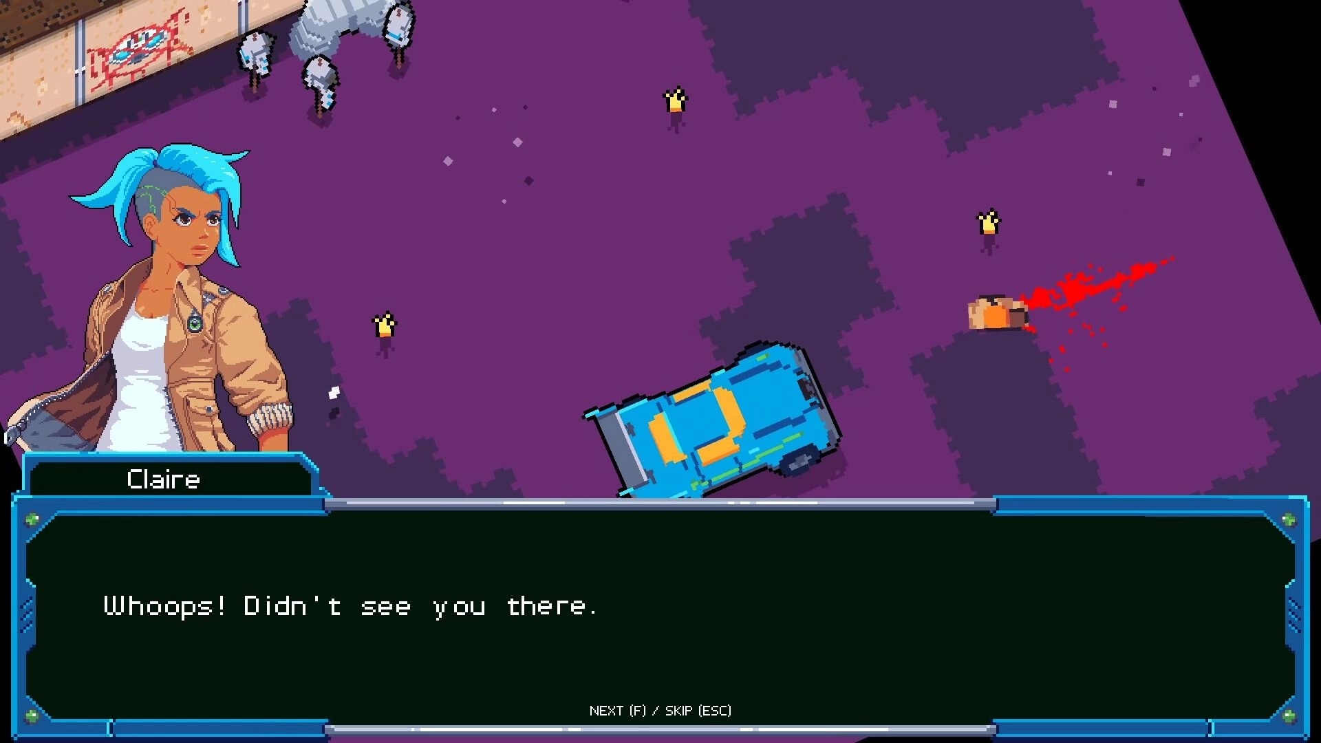 RoadOut: Claire dialogue with purple wasteland, blue car, and scattered enemies in pixel art style