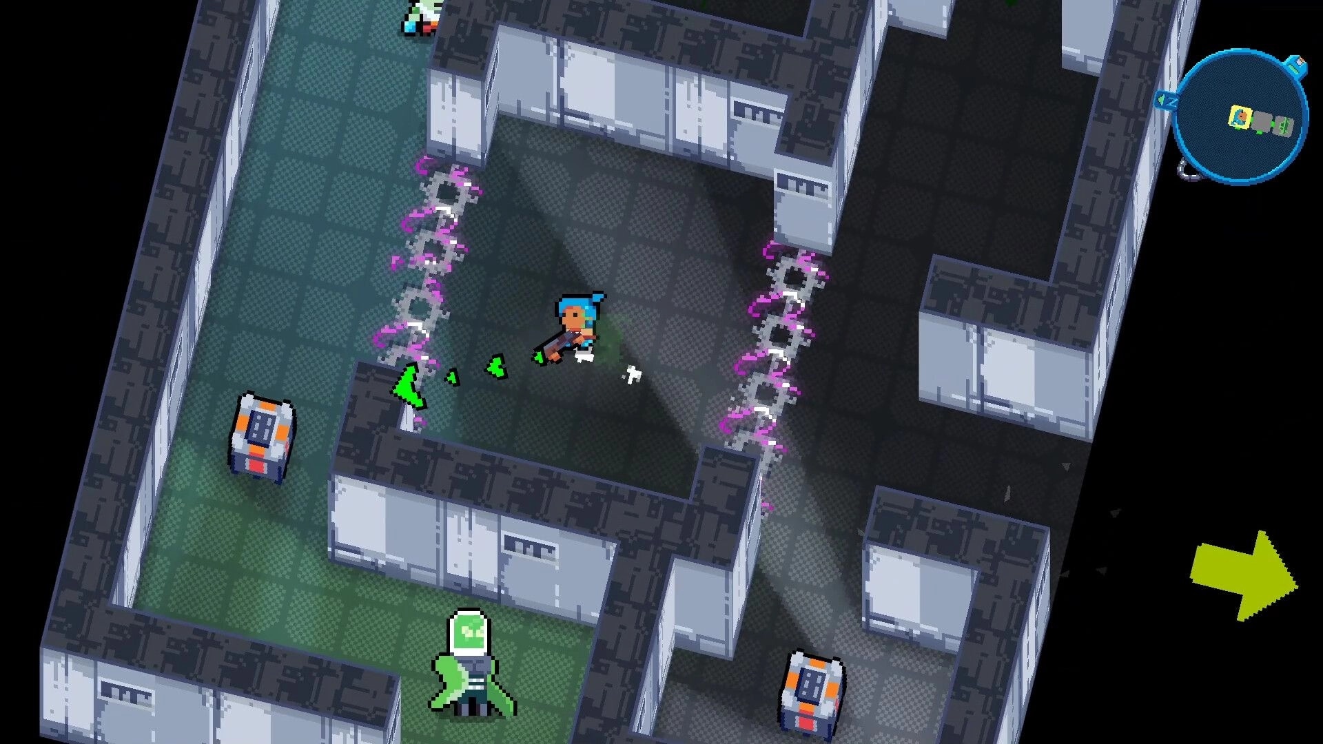 RoadOut: Claire navigates a maze-like dungeon with neon barriers and enemy in post-apocalyptic setting.