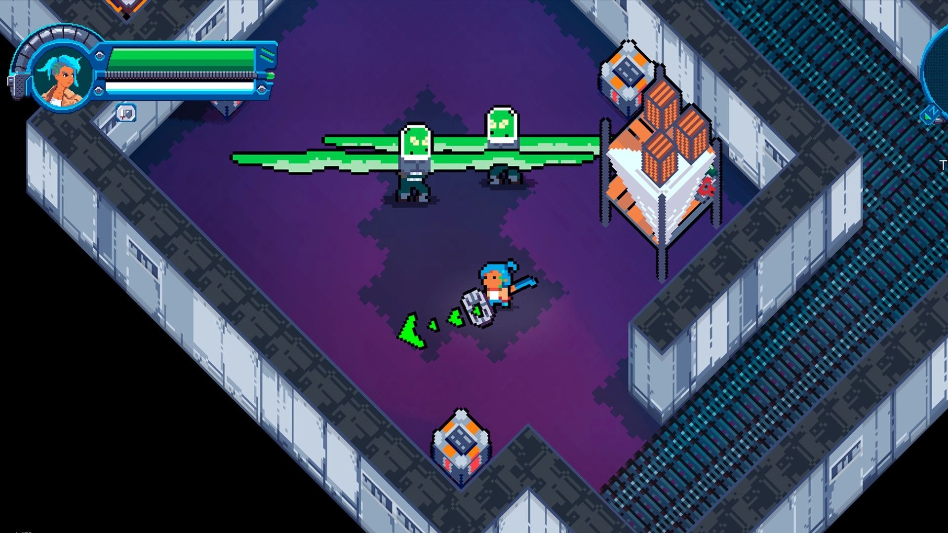 RoadOut: Claire battles two green enemies in a dimly lit dungeon with crates and metal walls.