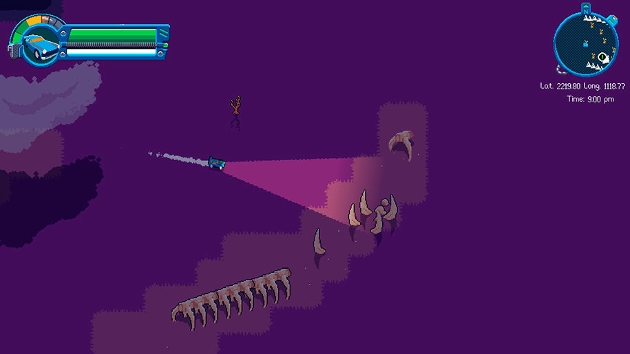 RoadOut: Claire's vehicle explores dark, alien terrain with radar and location coordinates displayed