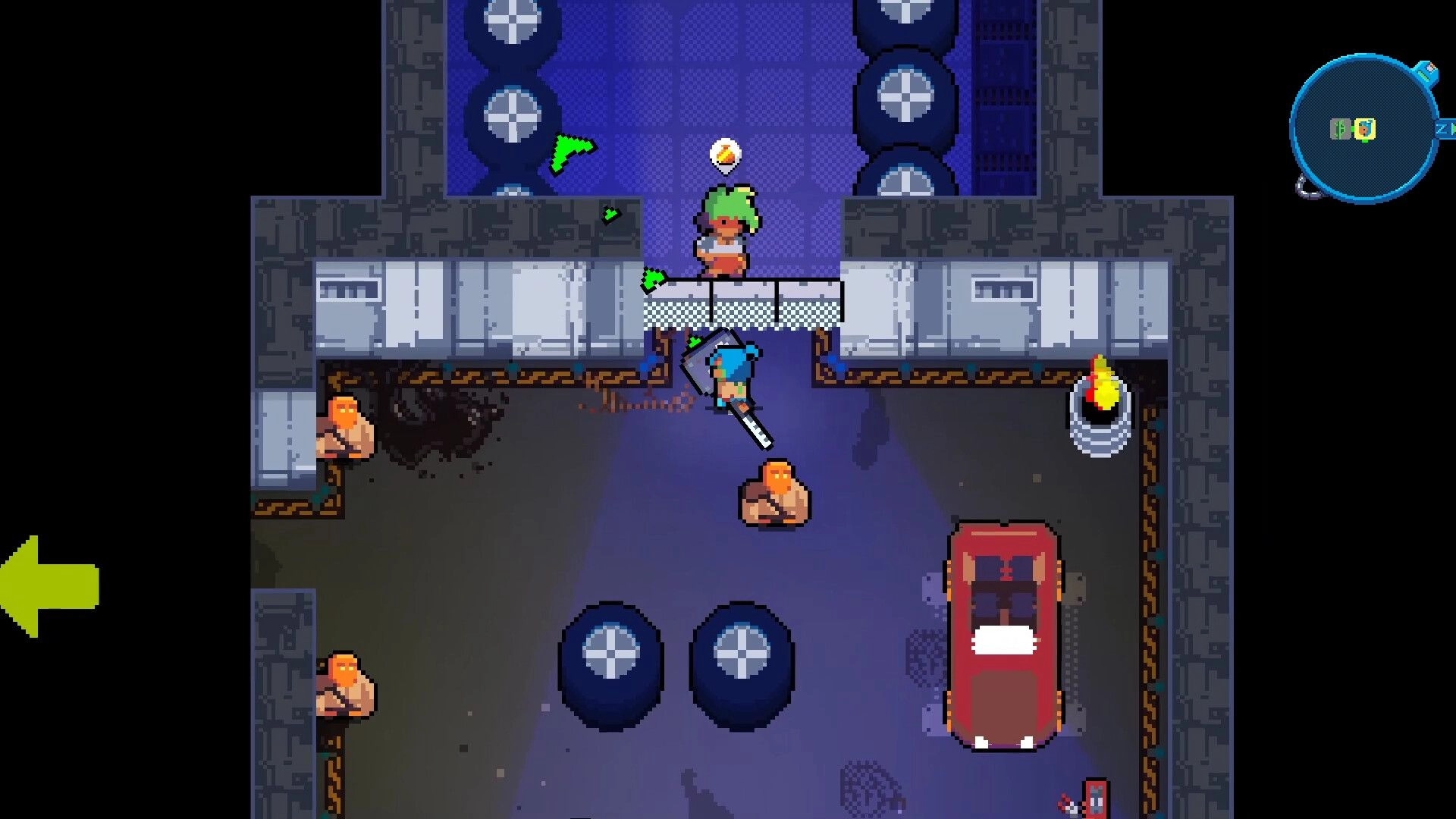 RoadOut: Claire wields a crowbar in a dungeon with enemies, barrels, and a red car nearby.
