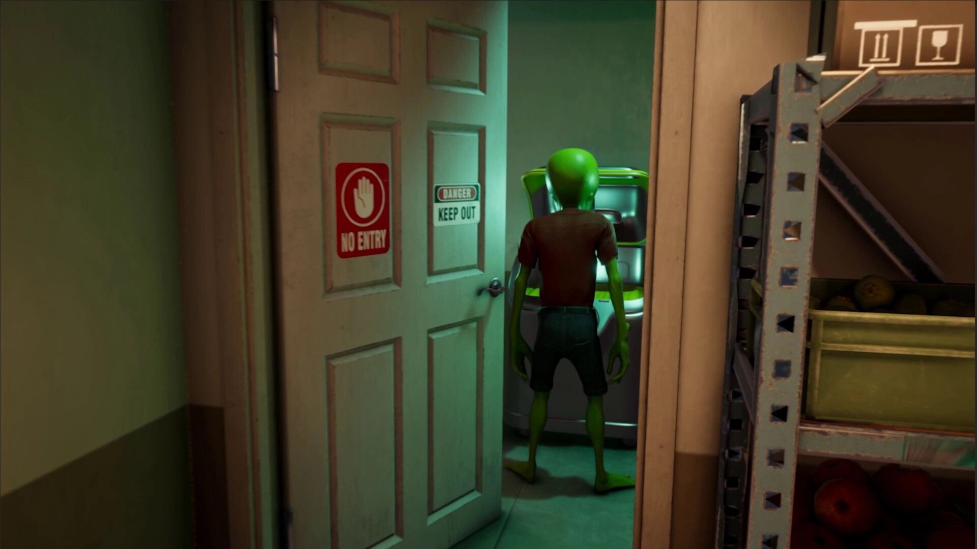 Roadside Research: Alien in storage room next to "No Entry" door with shelves and a green glow