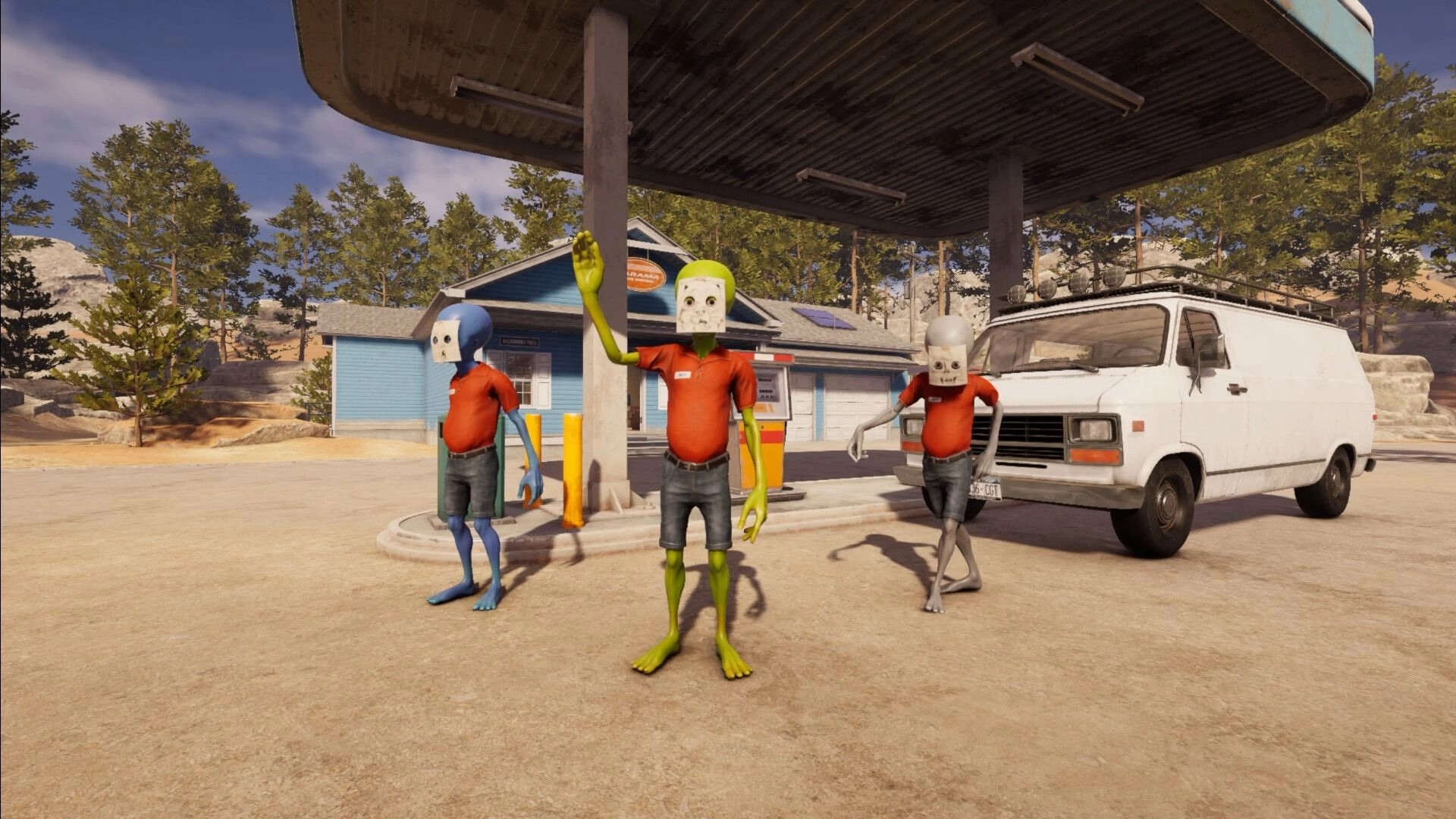 Roadside Research: Aliens in human attire at gas station next to van, preparing for covert activities