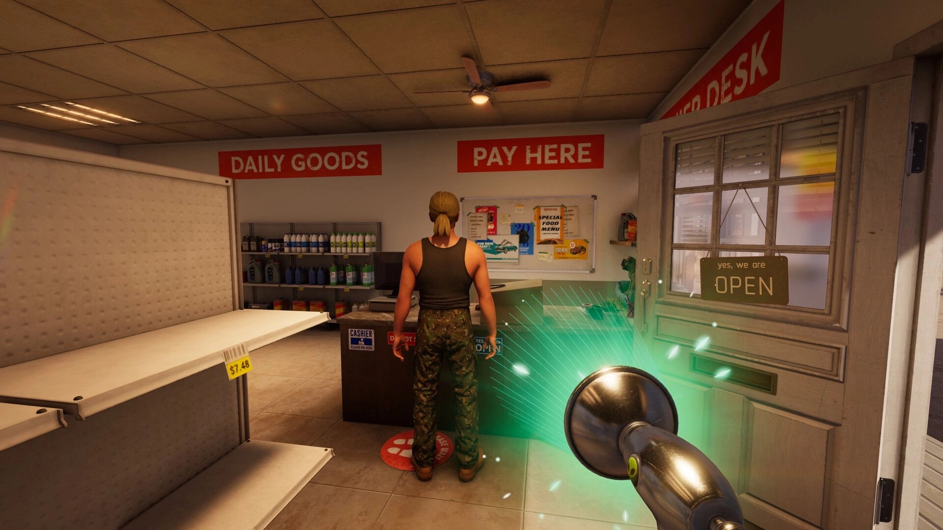 Roadside Research: Alien uses scanner on human in gas station with shelves and payment counter visible.