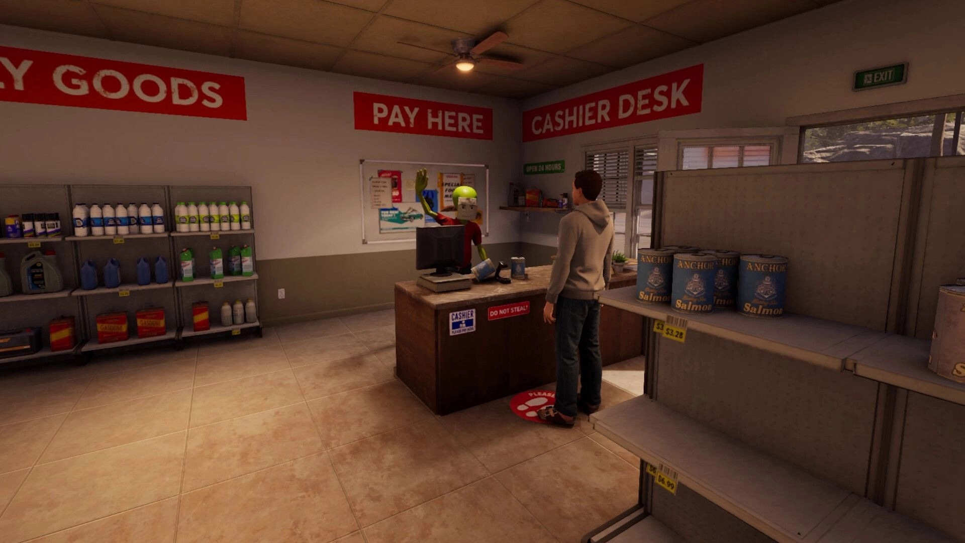 Roadside Research: Alien cashier greets customer in gas station with shelves of products and signs visible.