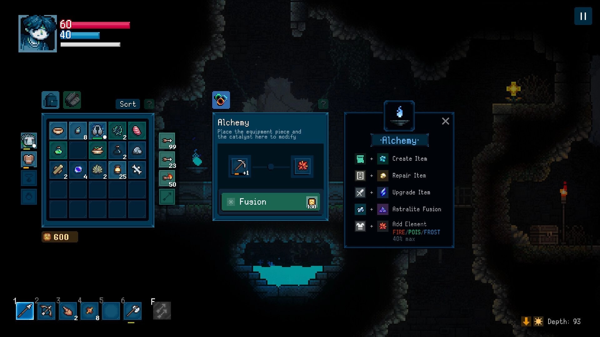 Roam: Alchemy crafting menu and inventory open in a dim cave, showing fusion and upgrade options.