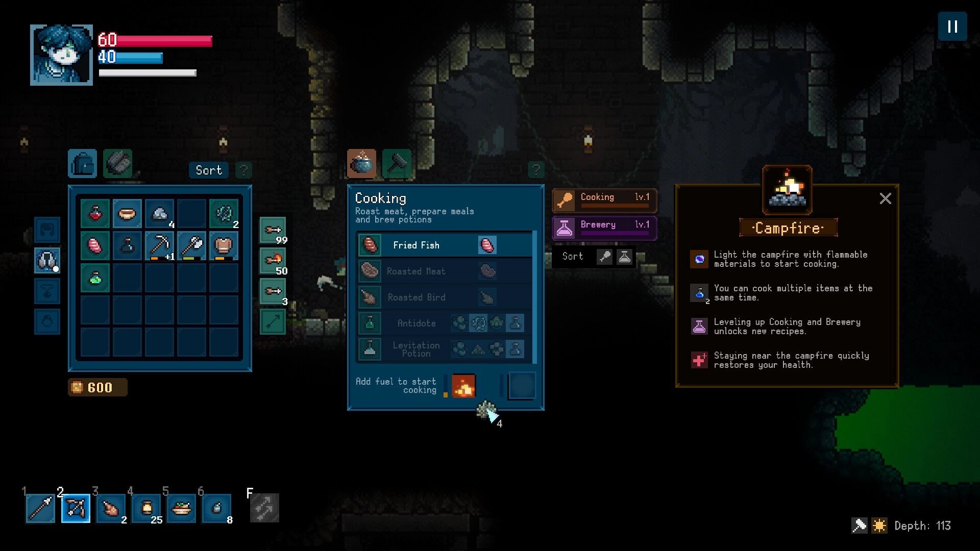 Roam: Inventory and campfire cooking menus open in a dark cave, showing recipes and stats UI.
