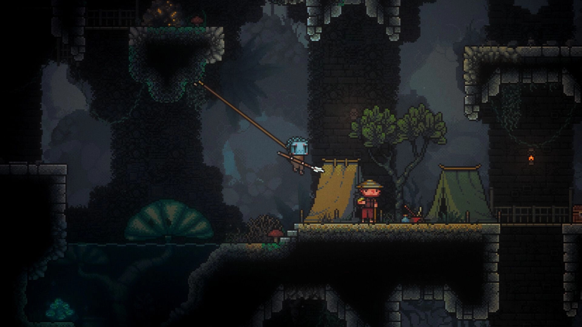 Roam: Player grapples across a cavern ledge toward a campsite with tents and a lantern-lit ruin.