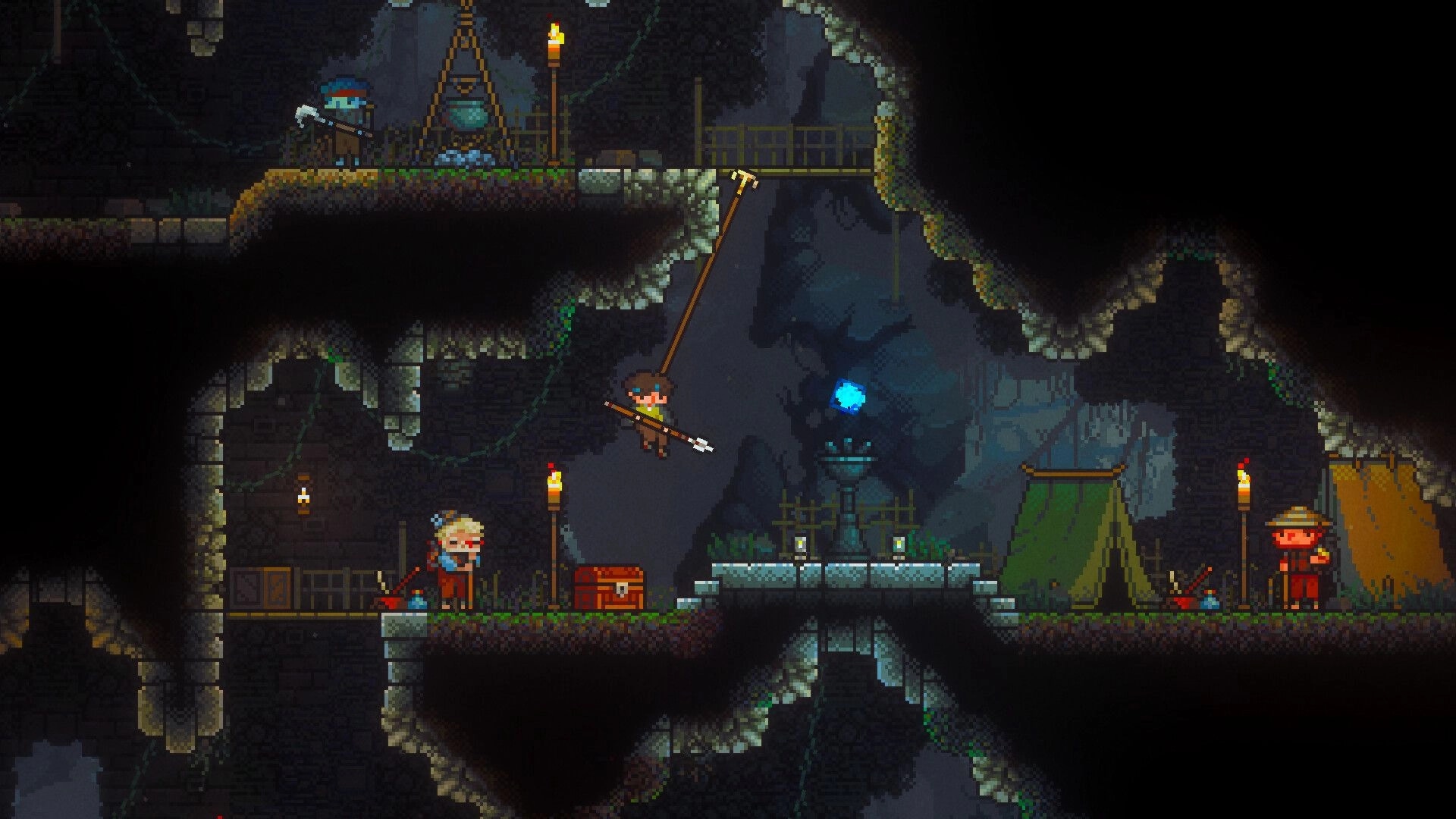 Roam: Adventurer rides a rope in a torchlit cave camp with tents, chest, and NPC miners nearby.
