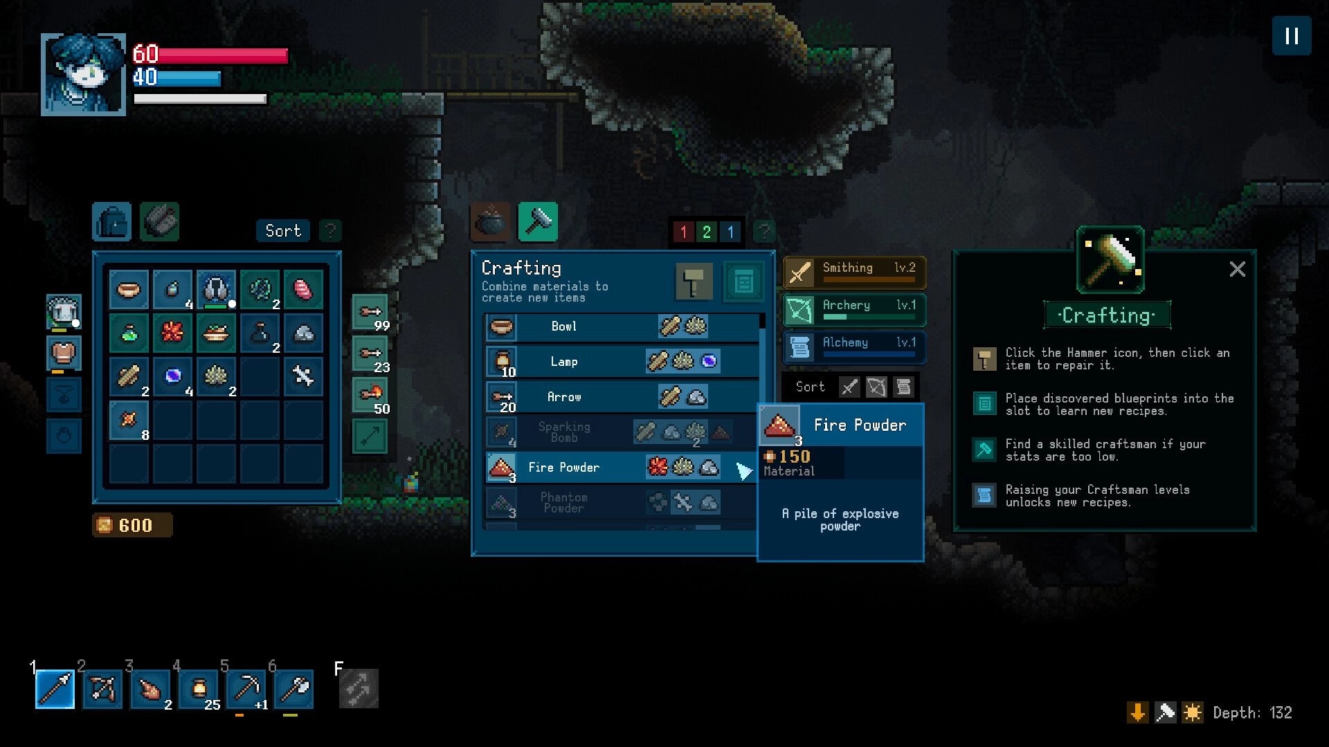 Roam: Crafting and inventory menus open with Fire Powder selected in a dim underground cave UI.