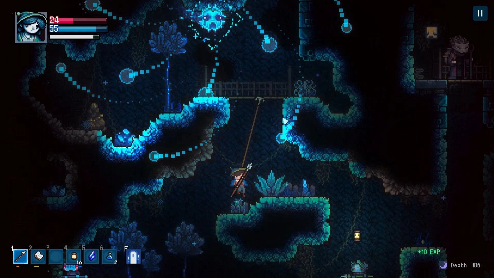 Roam: Player swings on a rope through a glowing blue cave, with health bars and hotbar UI visible.