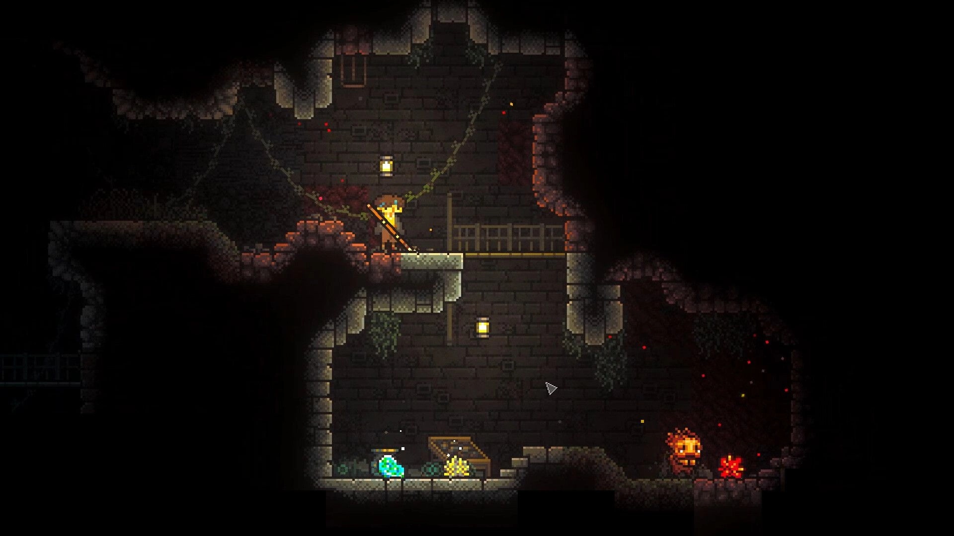 Roam: Adventurer stands on a ledge in a torchlit stone dungeon with ladders and a nearby slime enemy.