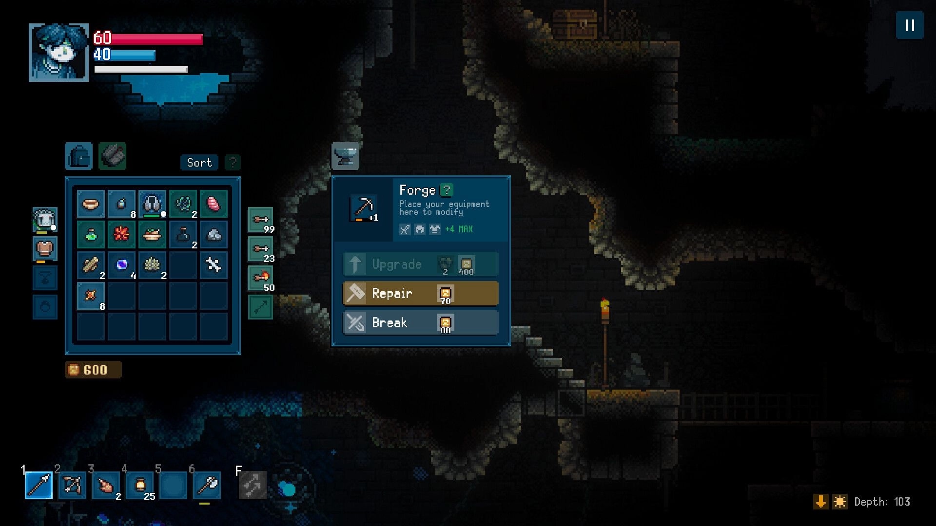 Roam: Inventory and Forge repair menu open in a dim cave corridor with torchlight and stairs.