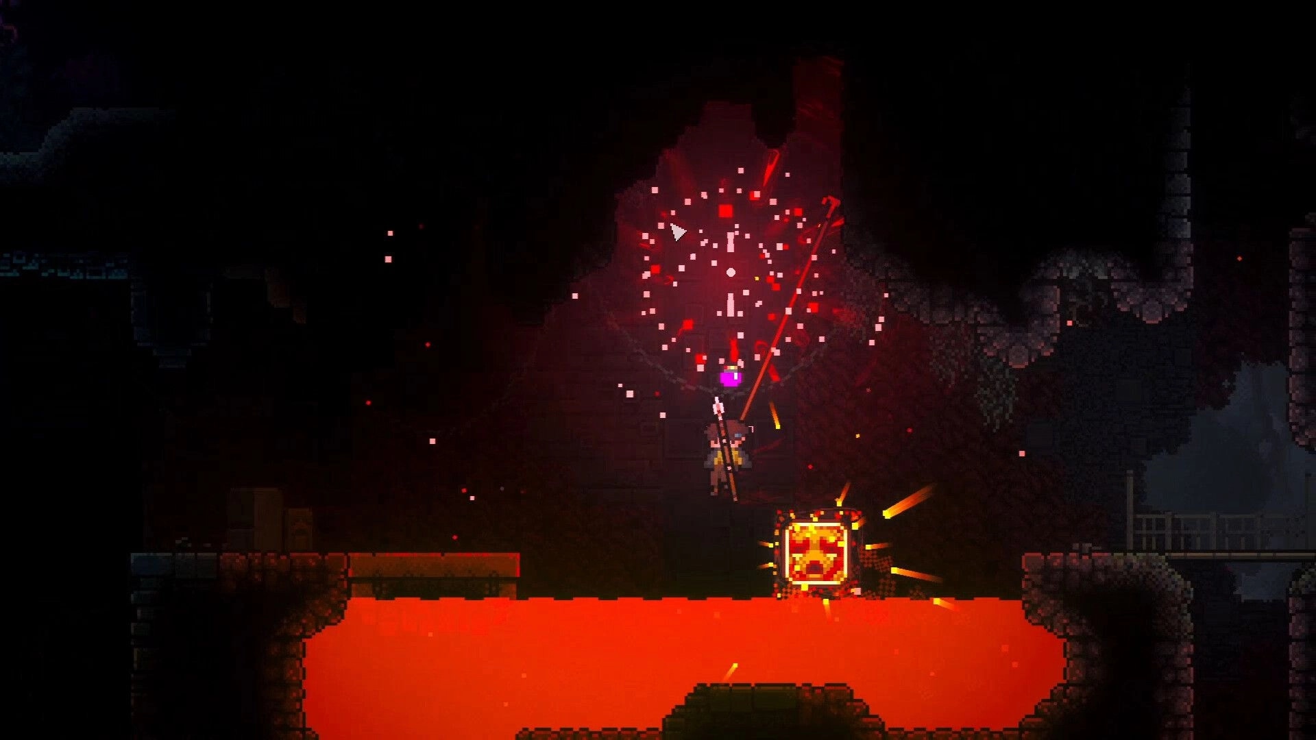 Roam: Pixel hero fights amid red particle burst above lava pool in a dark stone cavern room.