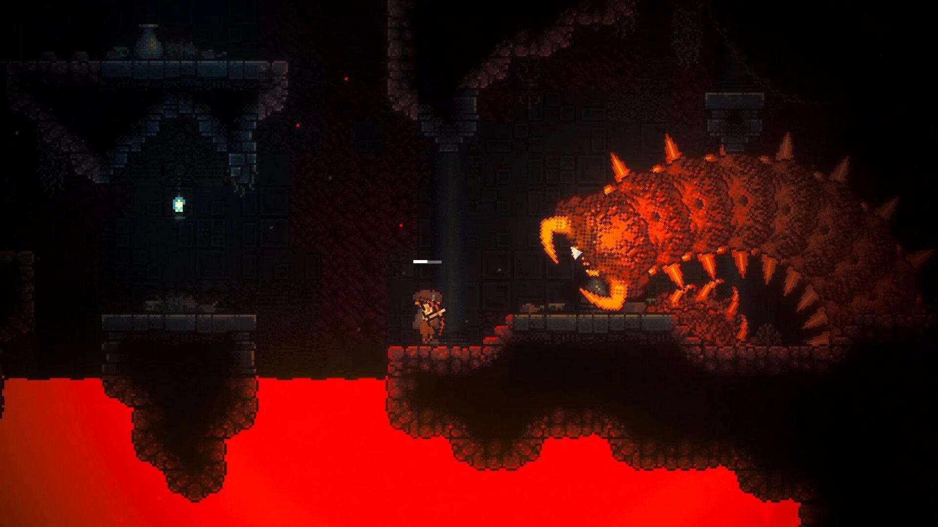 Roam: Adventurer faces a huge spiked lava worm boss on stone platforms above a magma lake cave.