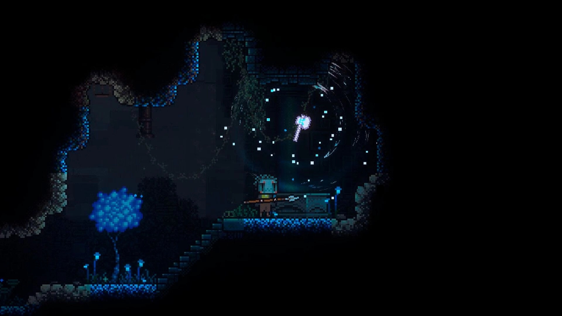 Roam: Helmeted adventurer stands by a chest in a dark cave, blue flora and glowing orb nearby.
