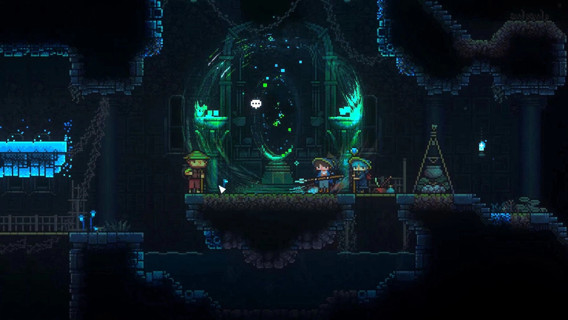 Roam: Two adventurers stand by a glowing green portal in a dark underground stone chamber with NPCs.