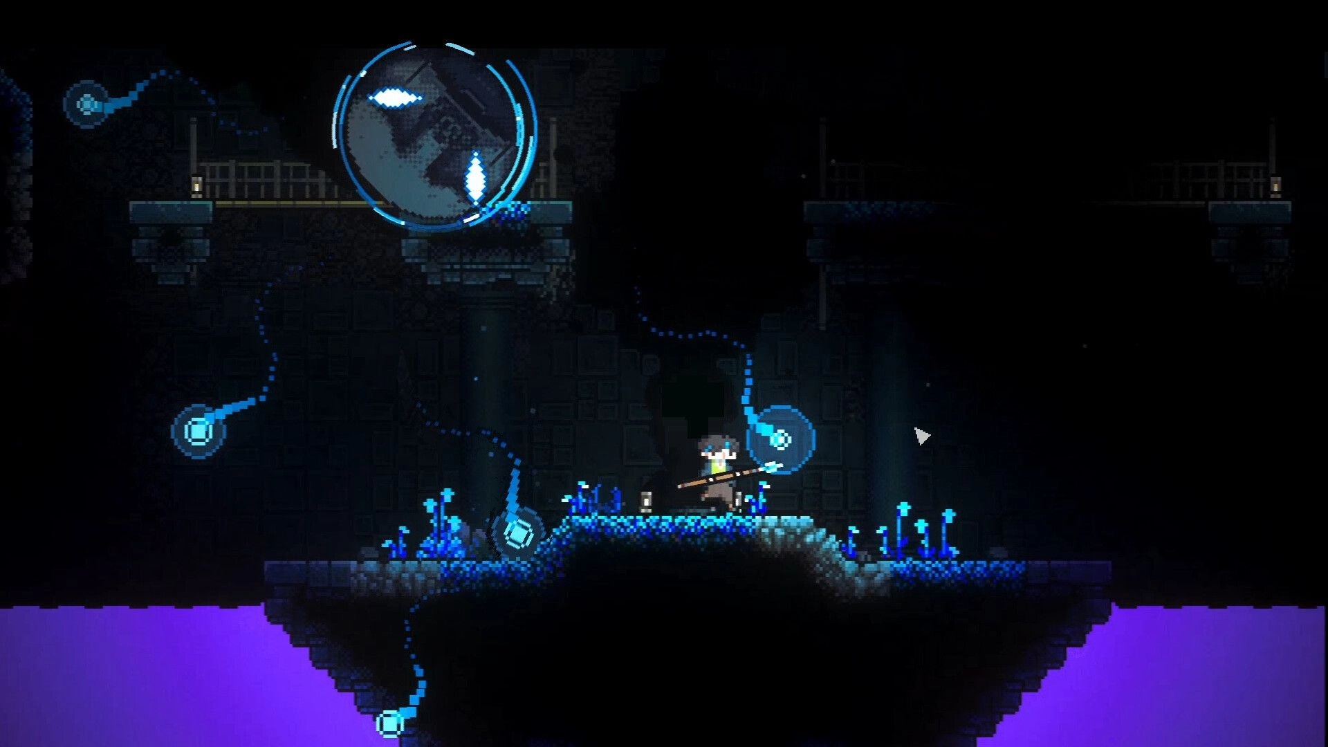 Roam: Hero stands on glowing blue platform as energy nodes connect in a dark cave over purple water.