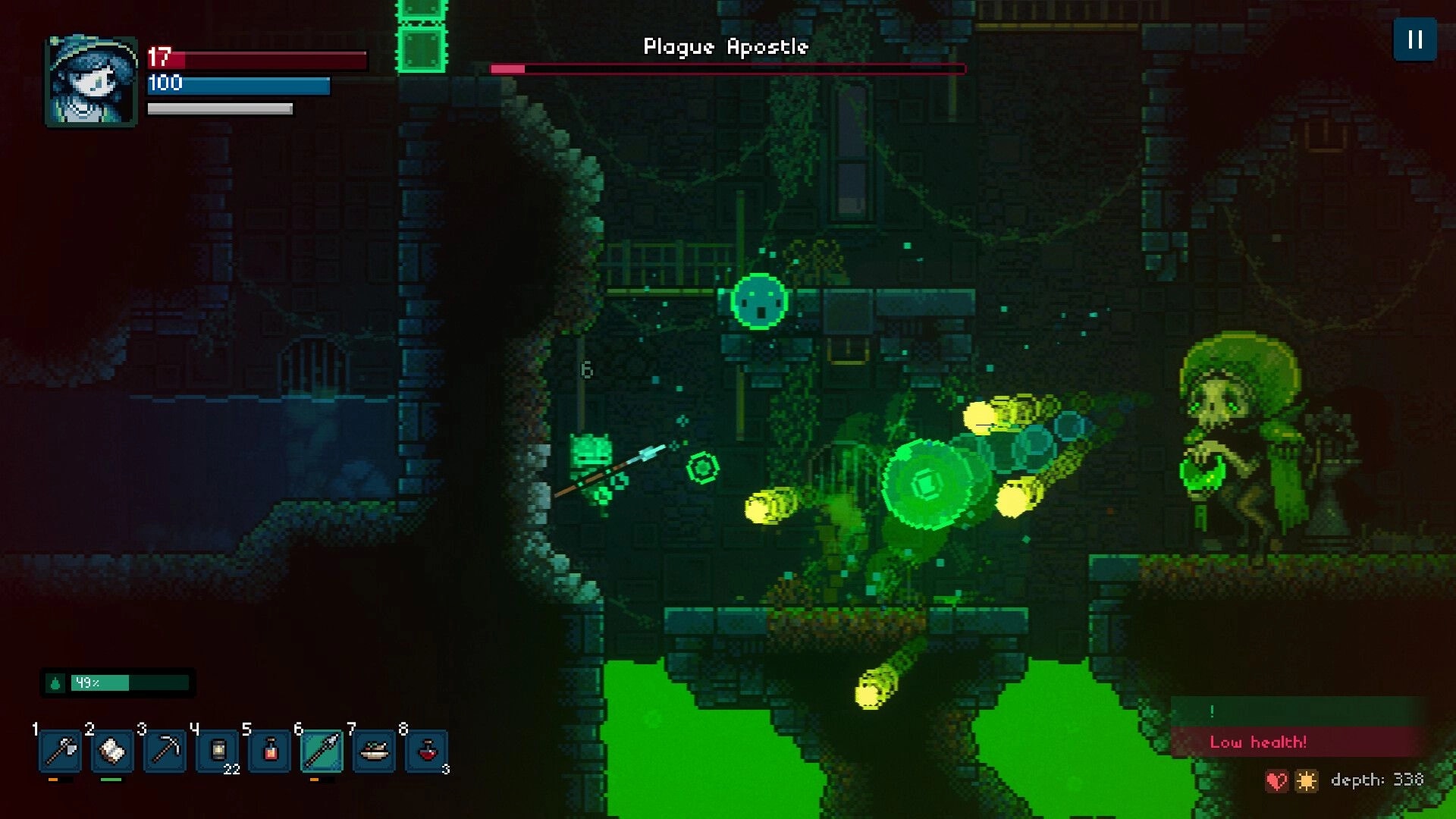 Roam: Boss fight with Plague Apostle, green projectiles in a ruined stone dungeon over slime pits.