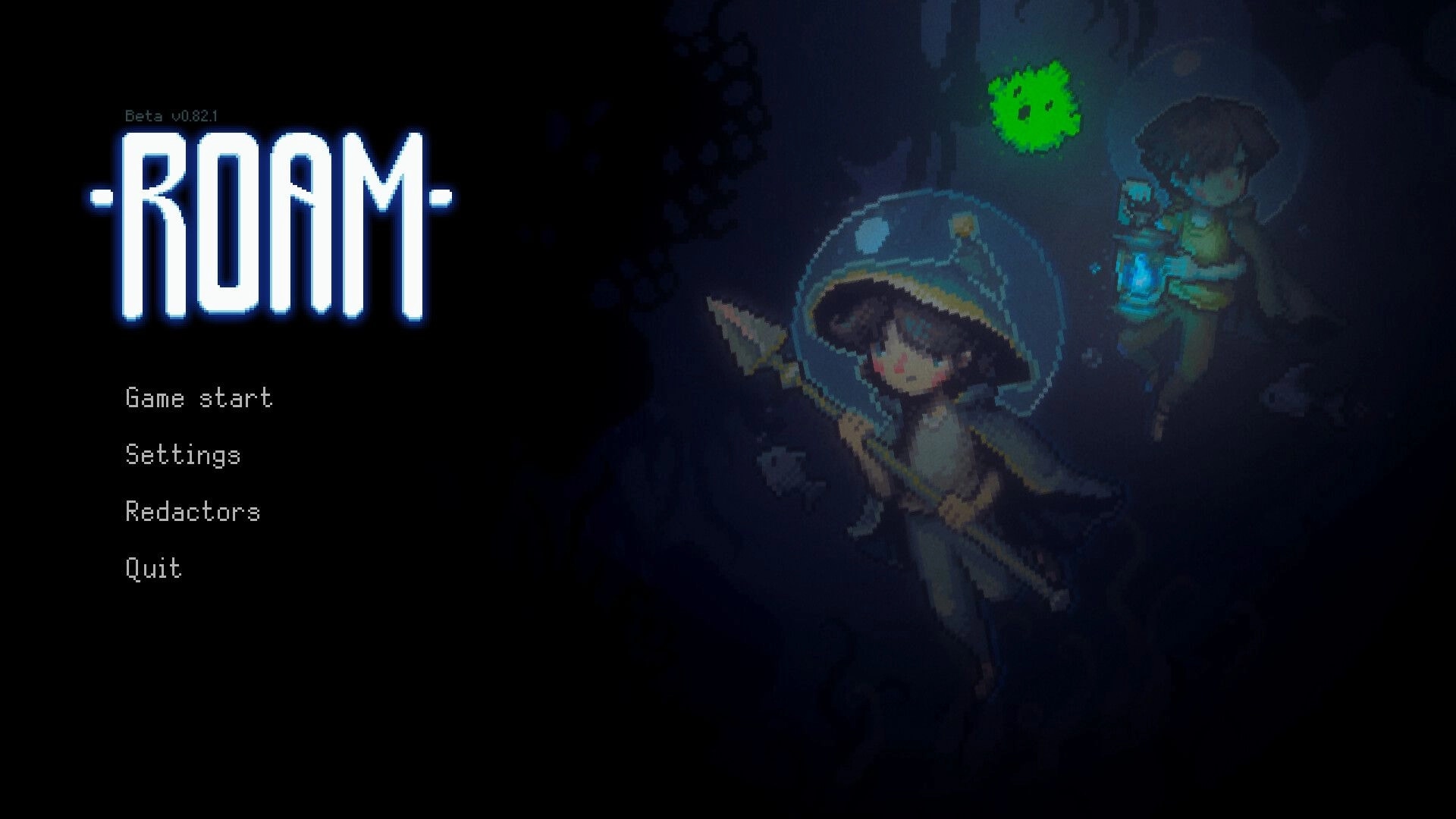 Roam: Main menu with Game start, Settings, Redactors, Quit over cave explorers with lantern light.
