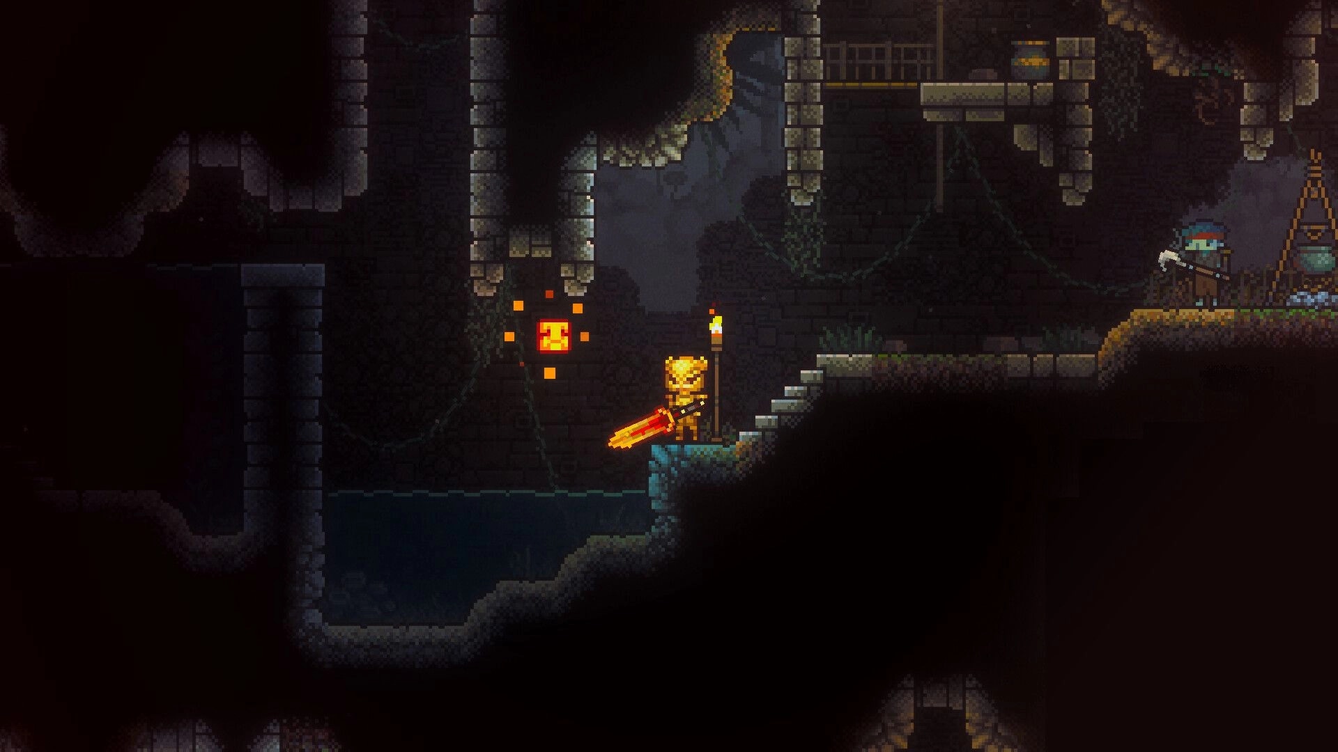Roam: Adventurer with glowing sword by torch and rune block in dark stone cave ruins near water.