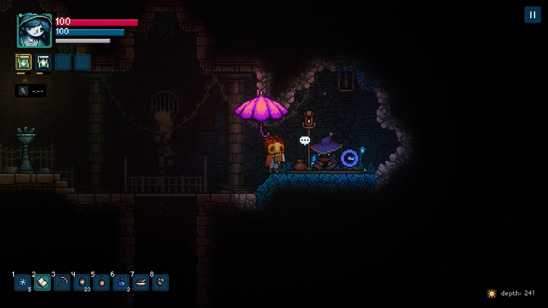 Roam: Adventurer with purple umbrella talks to a robed NPC beside a portal in dark cave ruins.