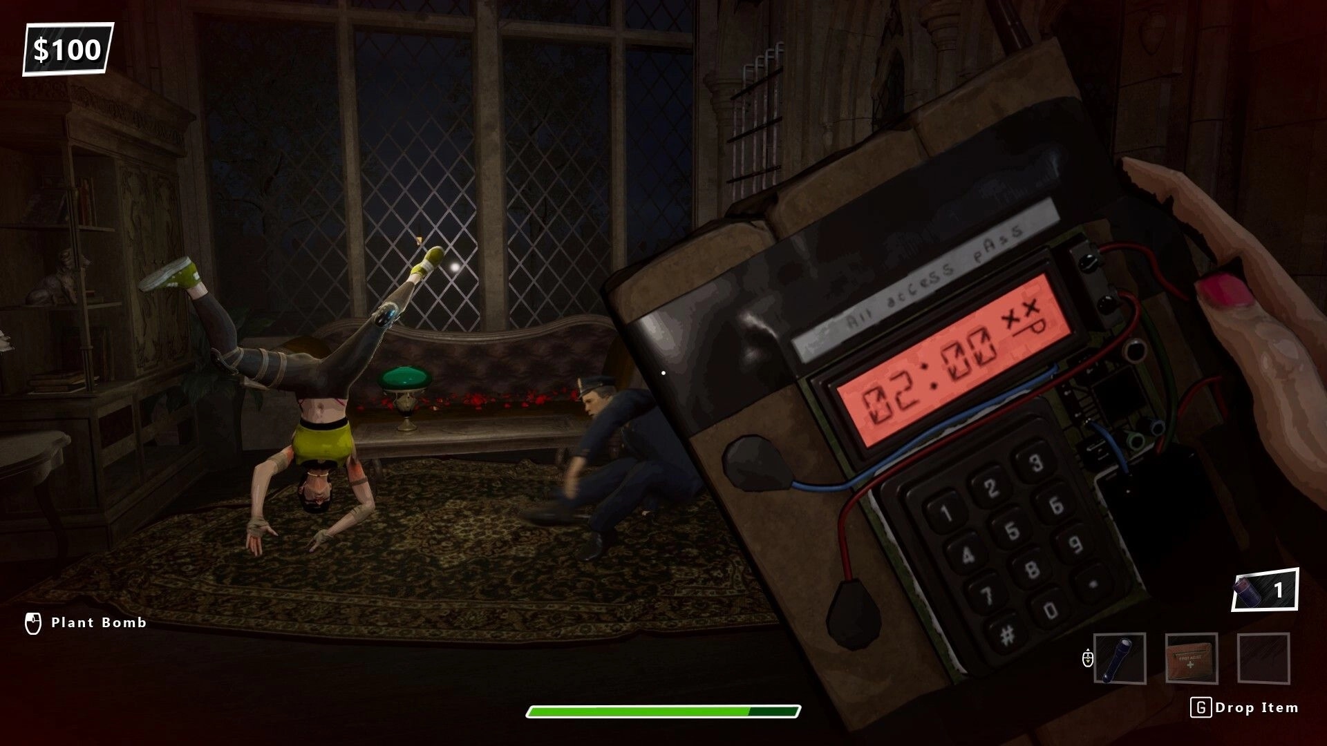 Robbing Time: Player planting a bomb on a rug in an eerie mansion, UI shows countdown timer active.