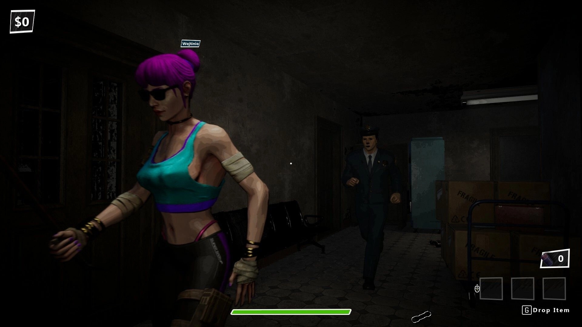Robbing Time: Character Wojtinio sneaking through dim hallway with superhero in pursuit