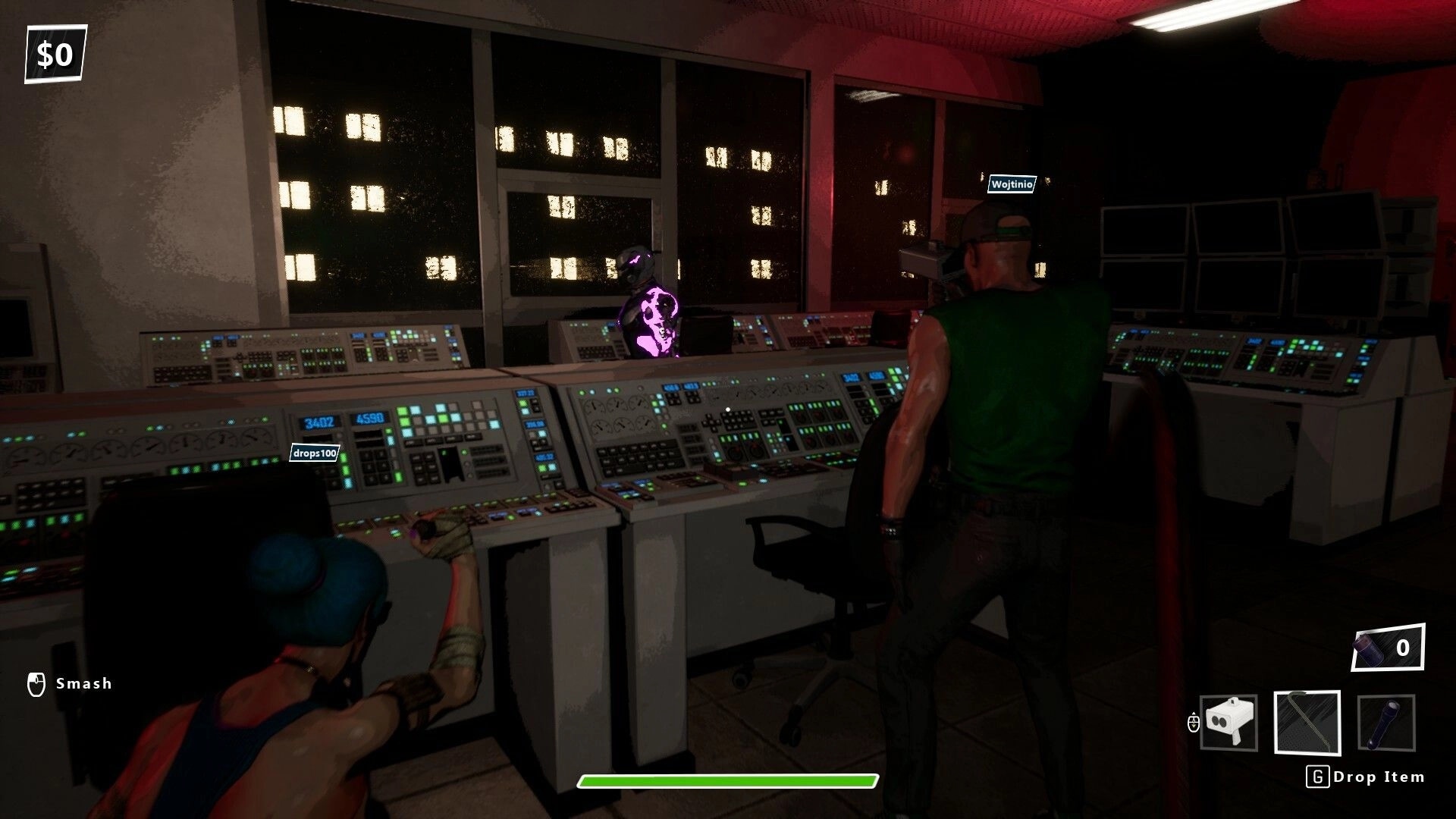 Robbing Time: Two robbers in control room, interacting with consoles, evading a glowing hero.