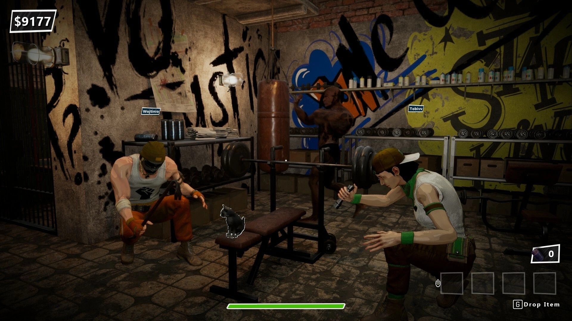 Robbing Time: Wojtinio and Tobiw train in a graffiti-filled gym, surrounded by weights and equipment.