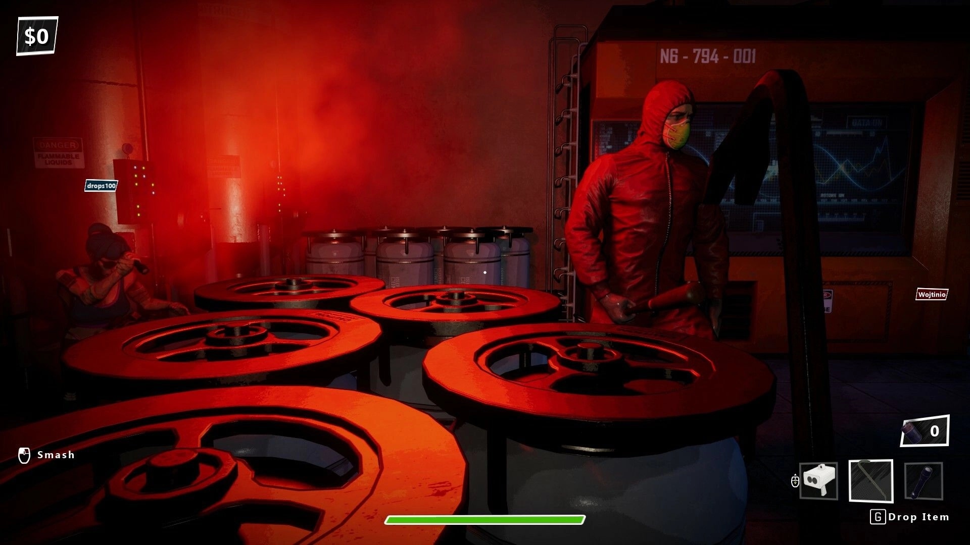 Robbing Time: Robbers in red-lit room with barrels, wielding crowbar, evading detection
