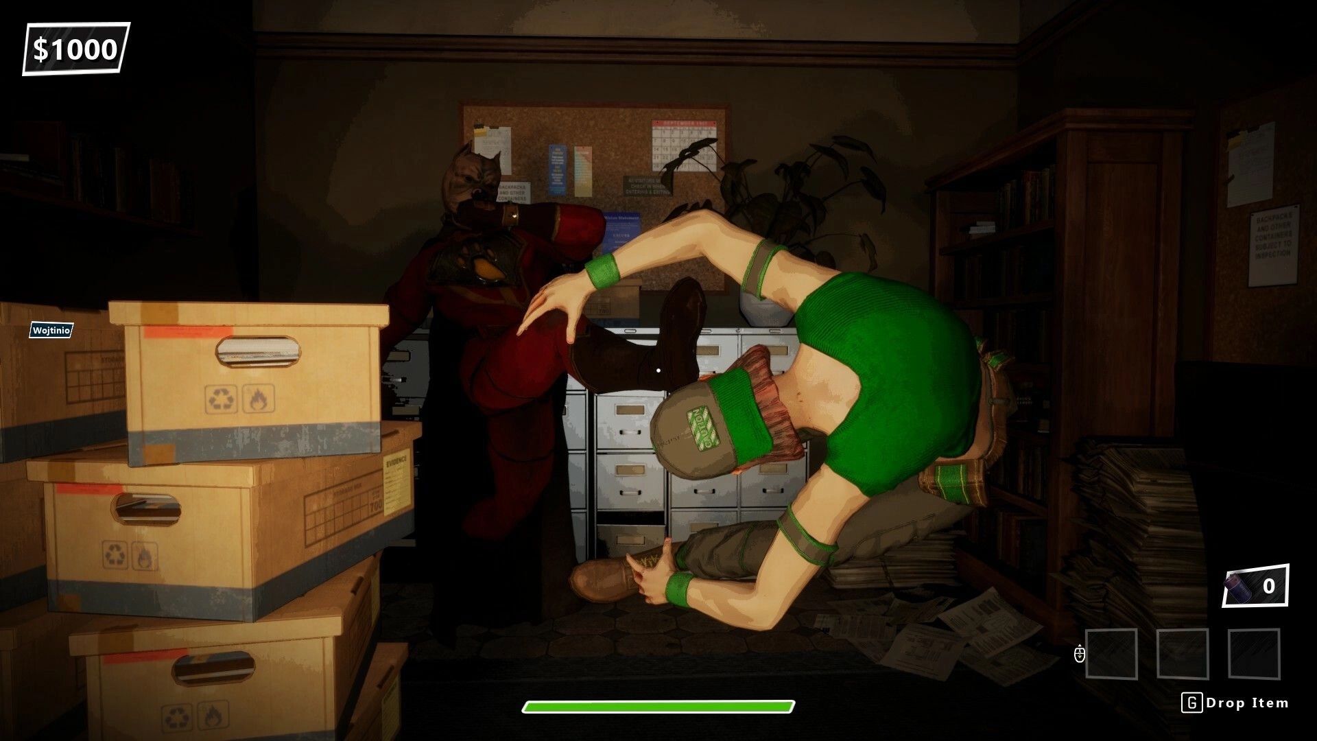 Robbing Time: Robber evades superhero kick in cluttered office with boxes and file cabinets