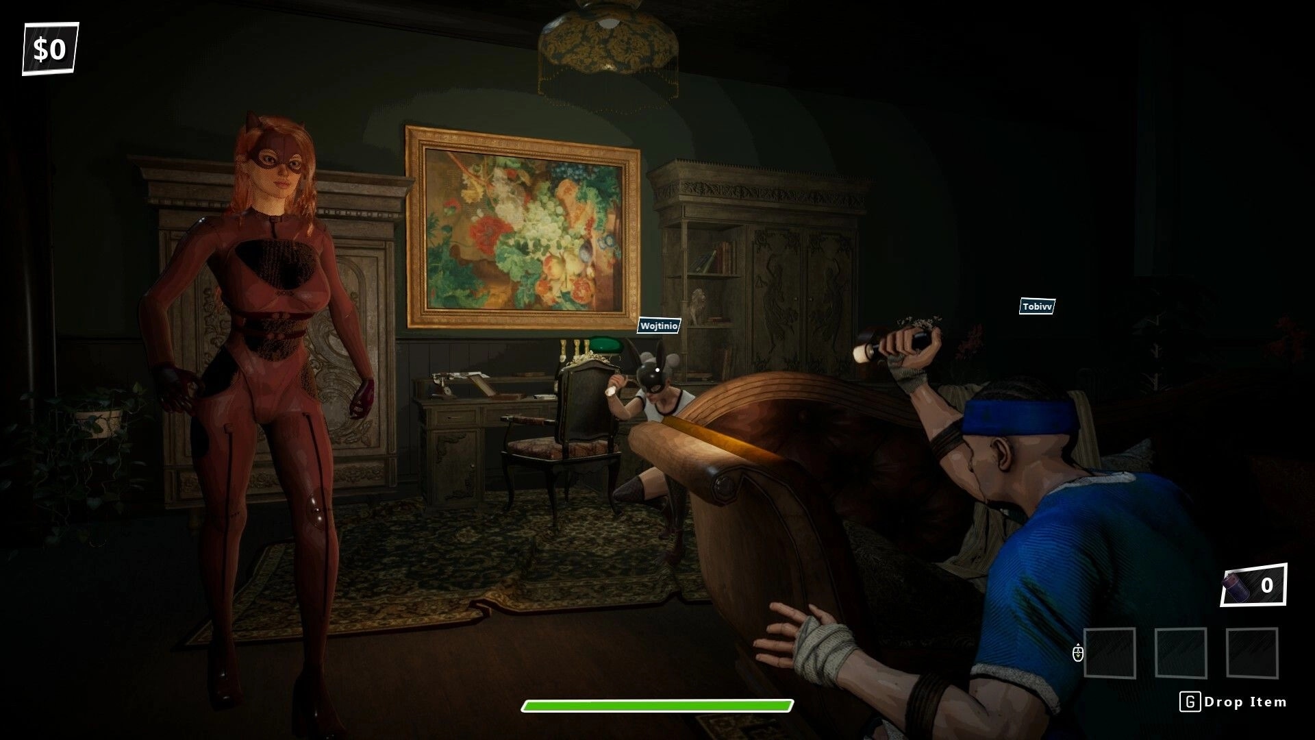 Robbing Time: Robbers hiding from superhero in a dimly lit study with vintage furniture and paintings
