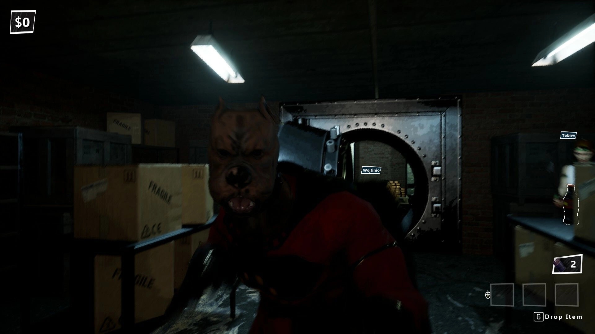 Robbing Time: Robber in dog mask approaches vault with stacks of boxes in dimly lit room
